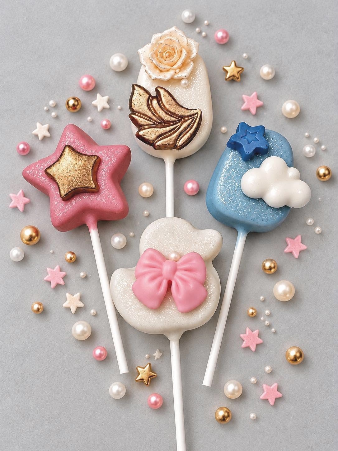 Decorative lollipops shaped like a pink star, a white heart with a pink bow, a beige oval with a gold rose, and a blue cloud with white and blue stars, surrounded by small pearl and star-shaped candies on a grey background.