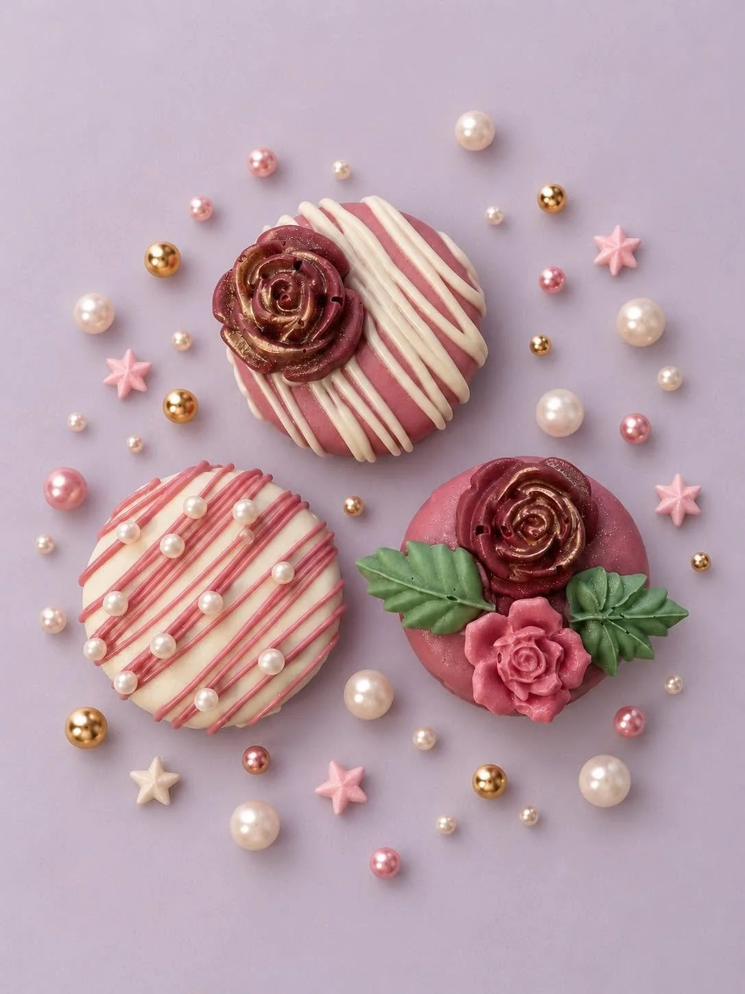 Decorated pink cookies with floral designs, pearls, and star-shaped candies on a lavender background.