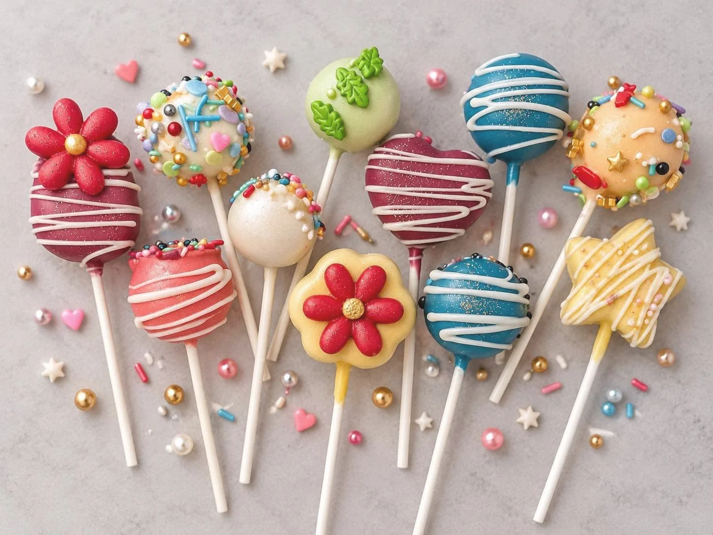 Colorful cake pops decorated with sprinkles, flowers, and icing, arranged on a light surface with scattered small candy confetti.
