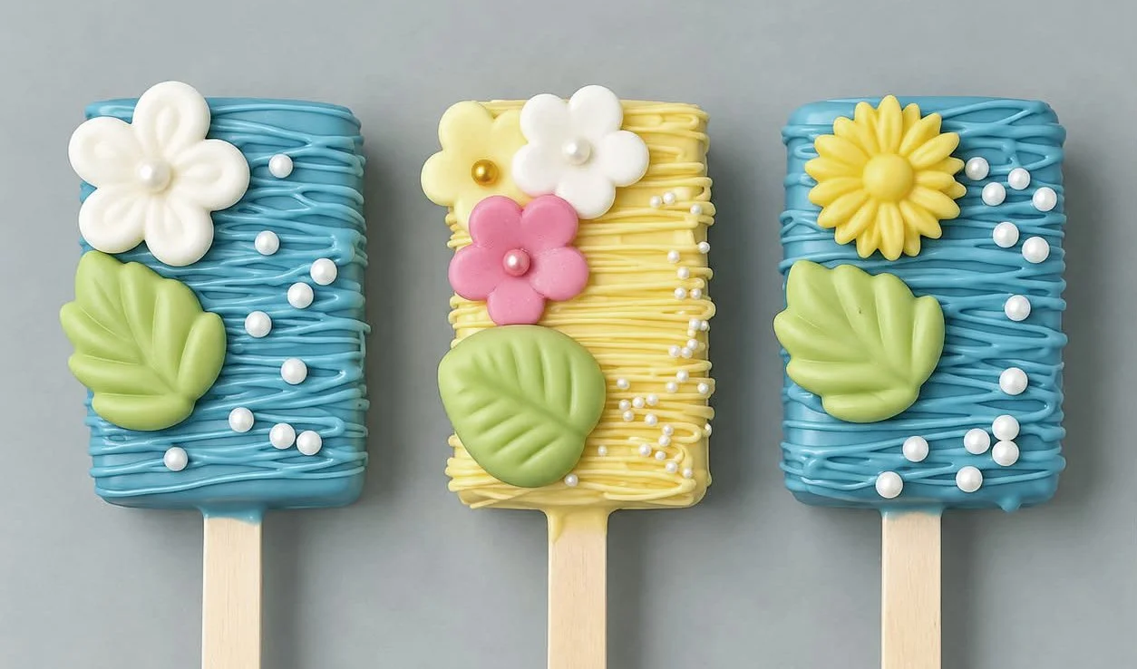 Three rectangular ice cream popsicles decorated with colorful flowers and leaves, with blue, yellow, and blue backgrounds.