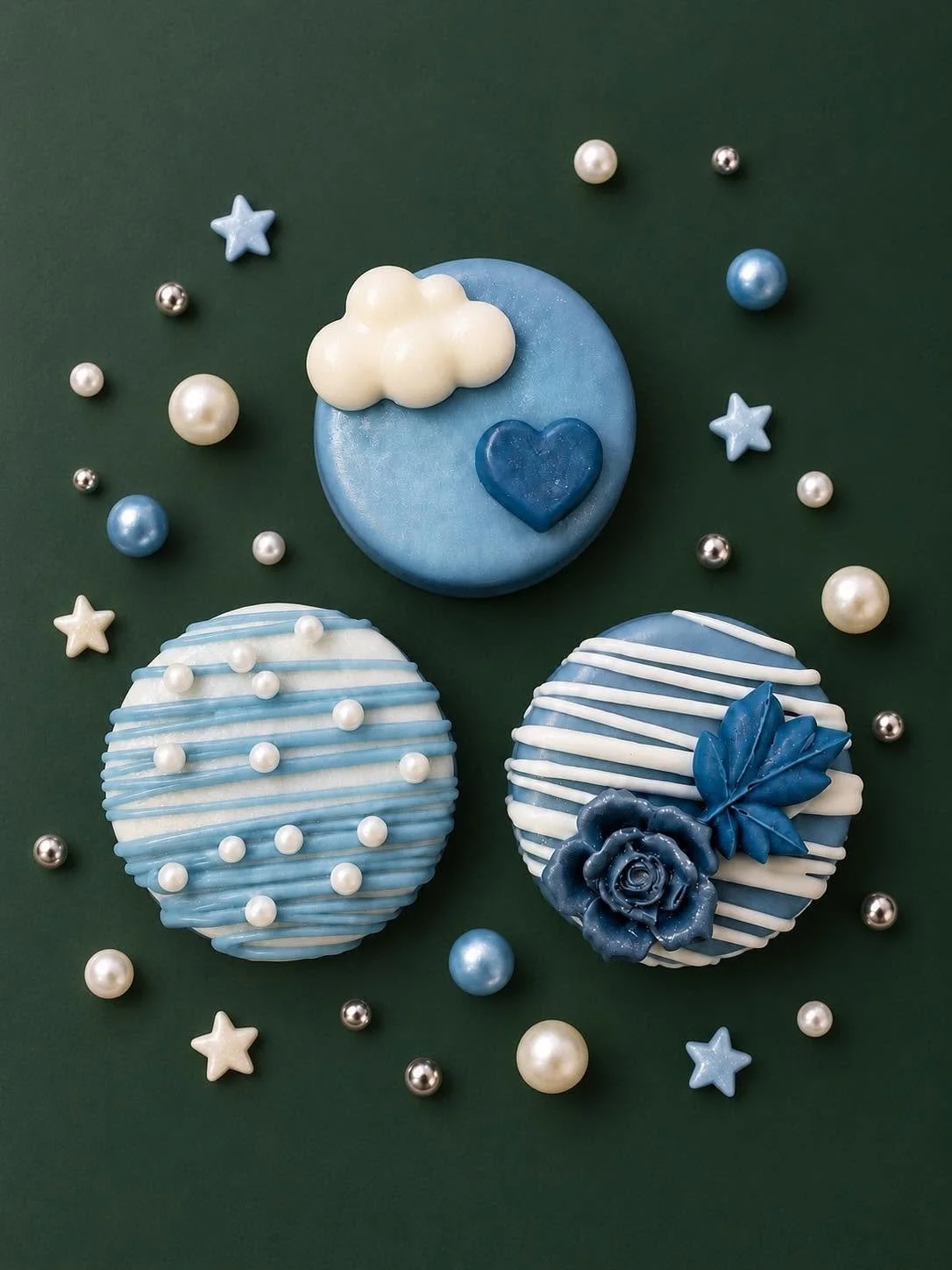 Decorative blue and white cookies with heart, cloud, and floral designs, surrounded by pearl and star-shaped edible decorations on a dark green background.