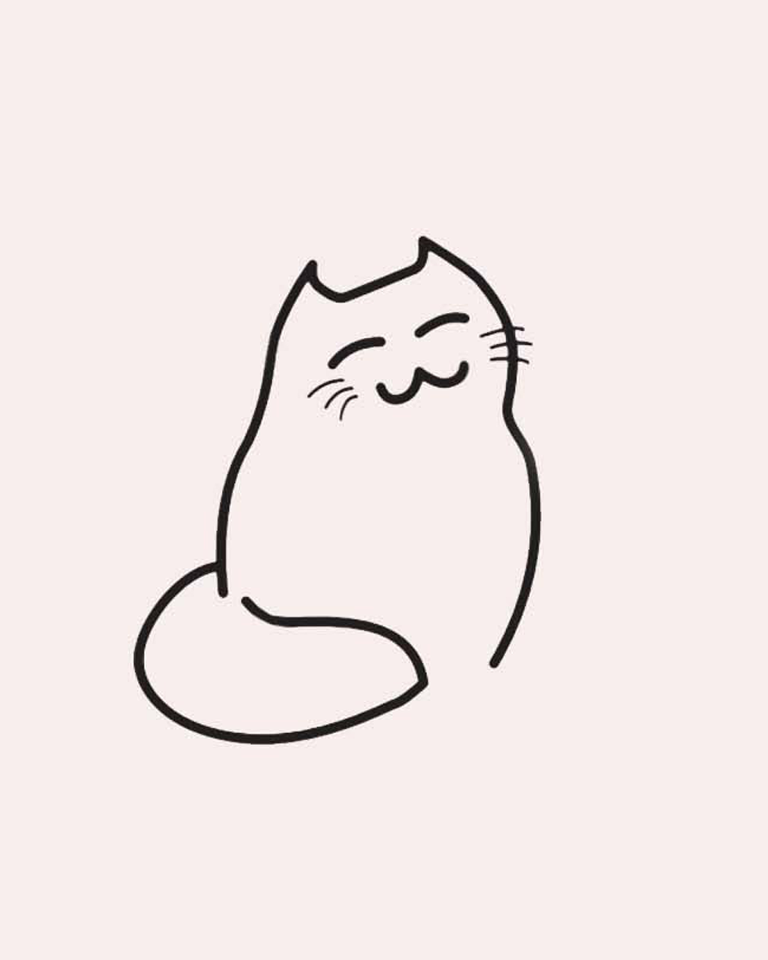 Simple black line drawing of a smiling, cute cat with closed eyes and a fluffy tail, on a light pink background.