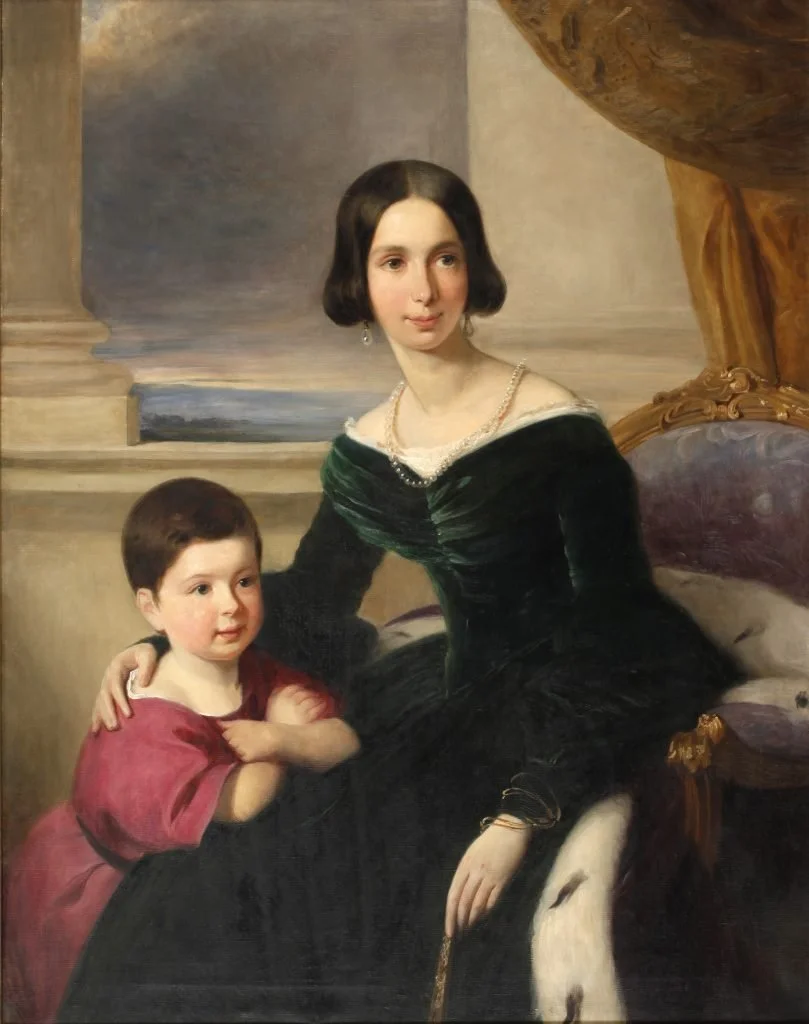 A painting of a woman with a young girl sitting beside her, both looking towards the viewer. The woman is seated, dressed in a dark green dress with pearls, and the girl is wearing a pink dress, resting her arm on the woman's lap.