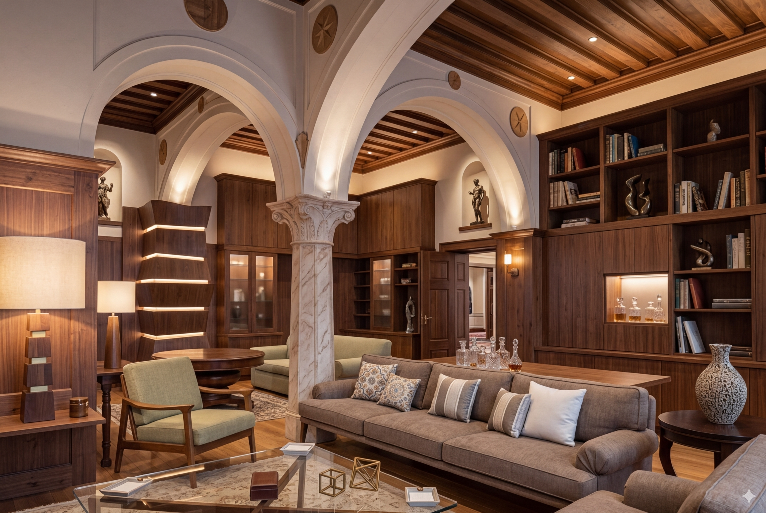 Living room with wood-paneled walls and ceiling, classical white marble column, built-in bookshelves filled with books and decorative items, beige sofas with patterned cushions, glass coffee table with art decor, and warm lighting.