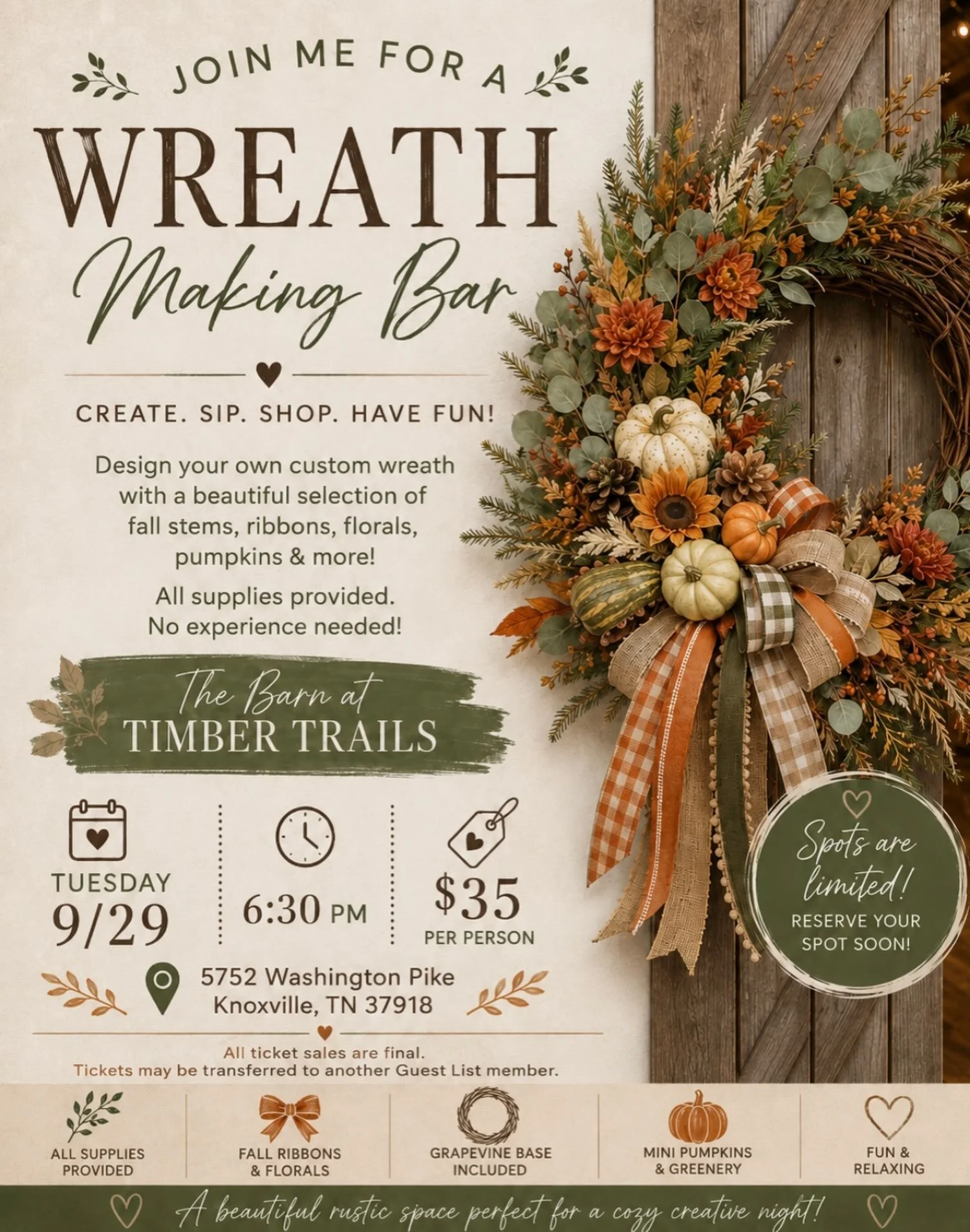 🍂 KNOXVILLE GIRLS &mdash; our fall calendar is getting GOOD. 🍂

If you&rsquo;ve been wanting a cozy girls&rsquo; night where you can actually do something while meeting new people, this one is for you. 🤎

Join The Guest List for our Wreath Making 