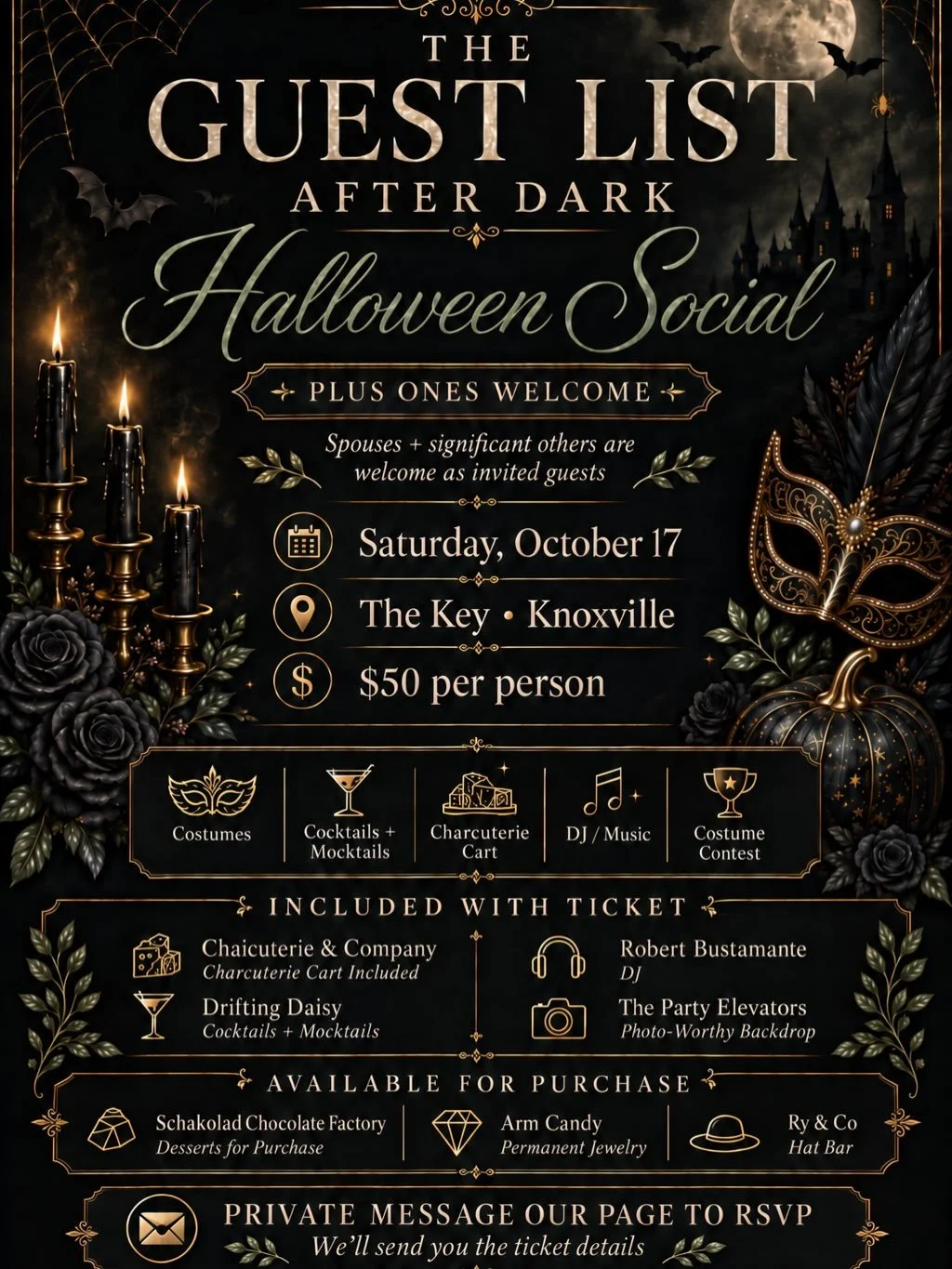🖤 THE GUEST LIST AFTER DARK 🖤

Our Halloween Social is officially coming together, and this is going to be such a fun night. 👻✨

Your $50 ticket includes:

🥂 Cocktails + mocktails by @driftingdaisymobilebar 
🧀 Charcuterie cart by @chaicuteriecom