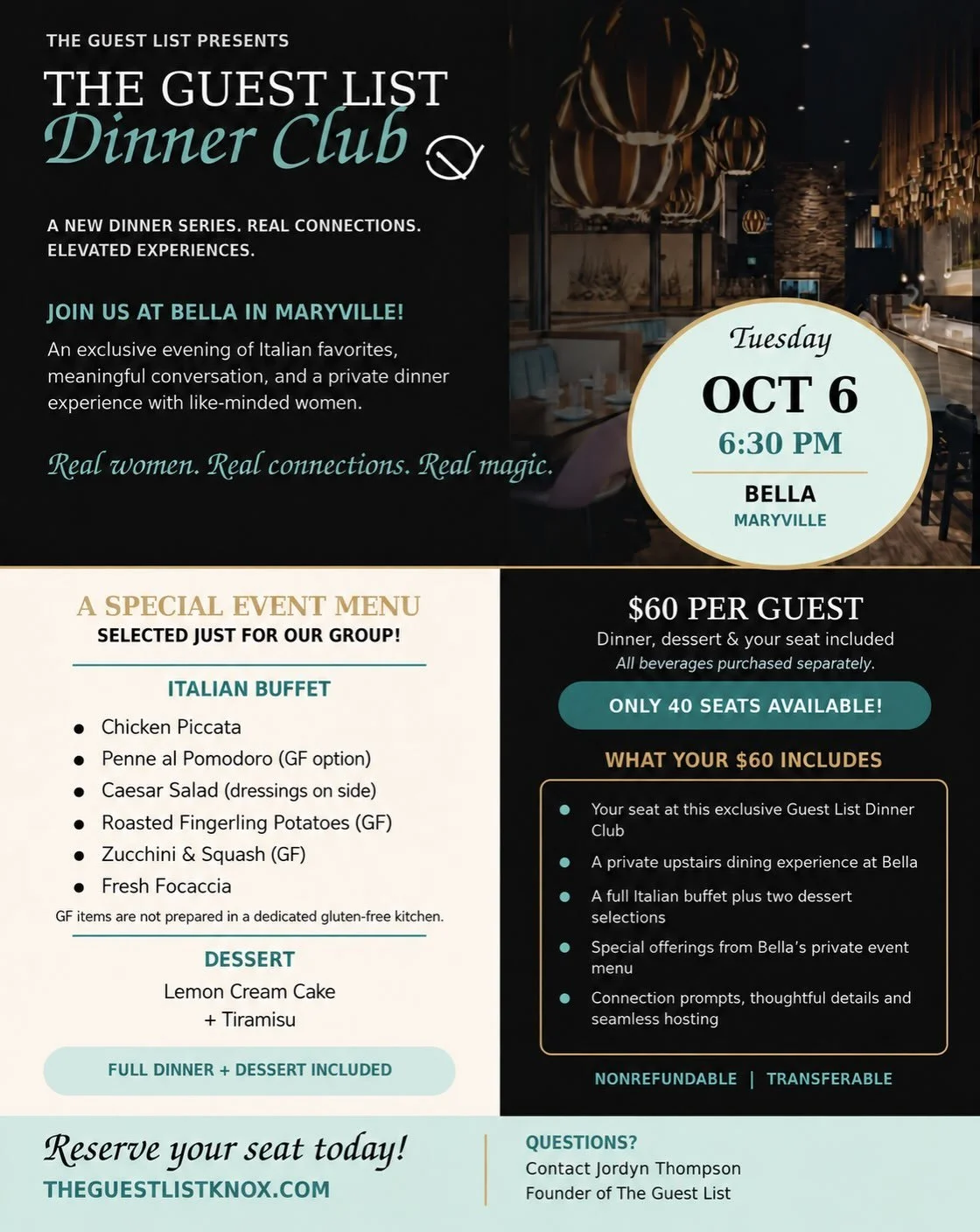 POV: You said yes to pasta, dessert, and meeting your new favorite people. 🍝🥂✨ The Guest List is heading to Bella in Maryville for our next Dinner Club&mdash;and you&rsquo;re invited! 💚

🍋 A full Italian buffet + dessert
💕 Meaningful conversatio