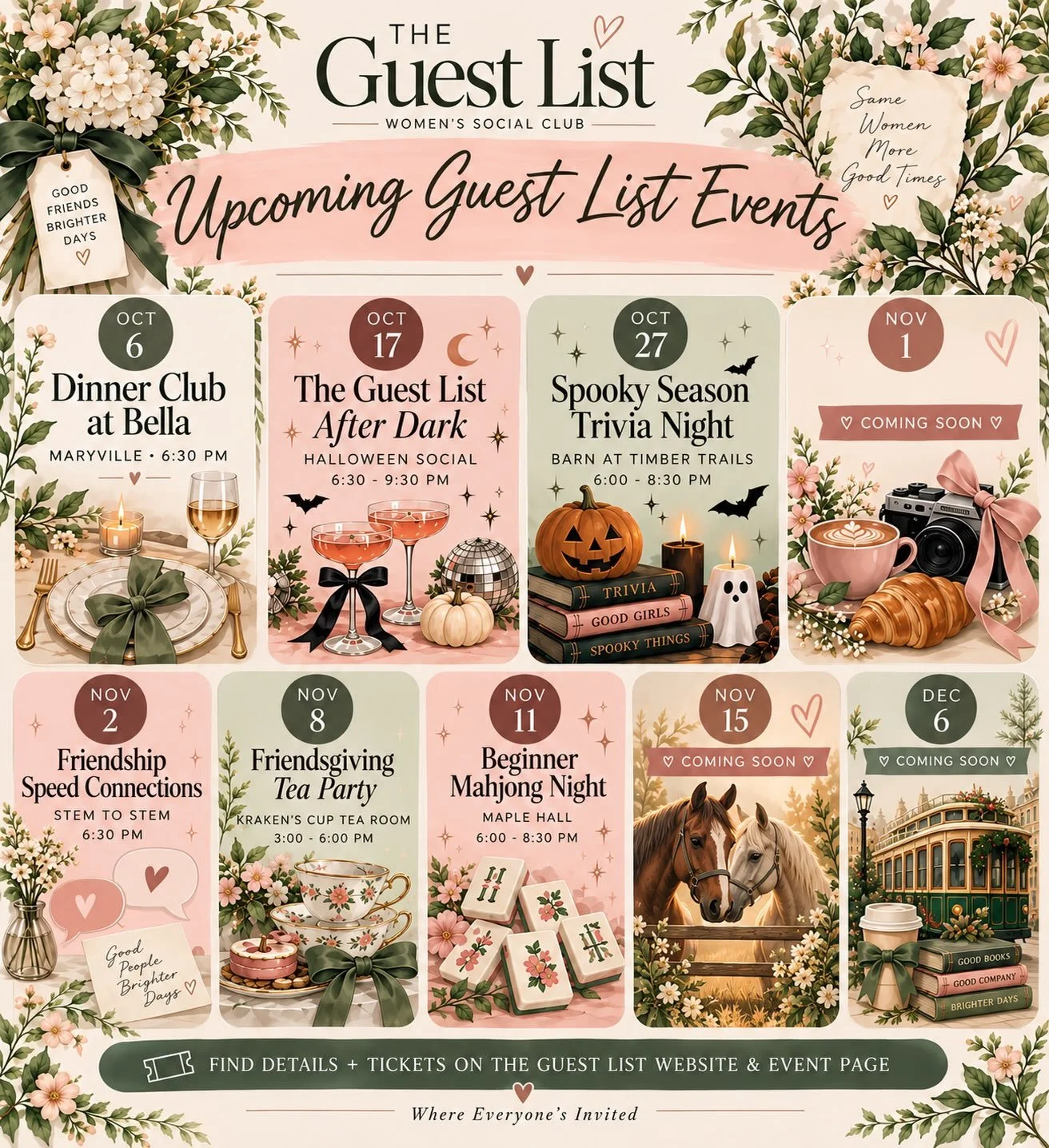 ✨ SO many fun things are coming to The Guest List! ✨

October + November are filling up with girls&rsquo; nights, dinners, friendship events, tea, mahjong and more. 💕 And that November 15 event? 👀🐴

That one will be officially announced MONDAY ins