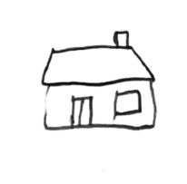 A simple line drawing of a house with a chimney, two windows, and a door, on a black background.