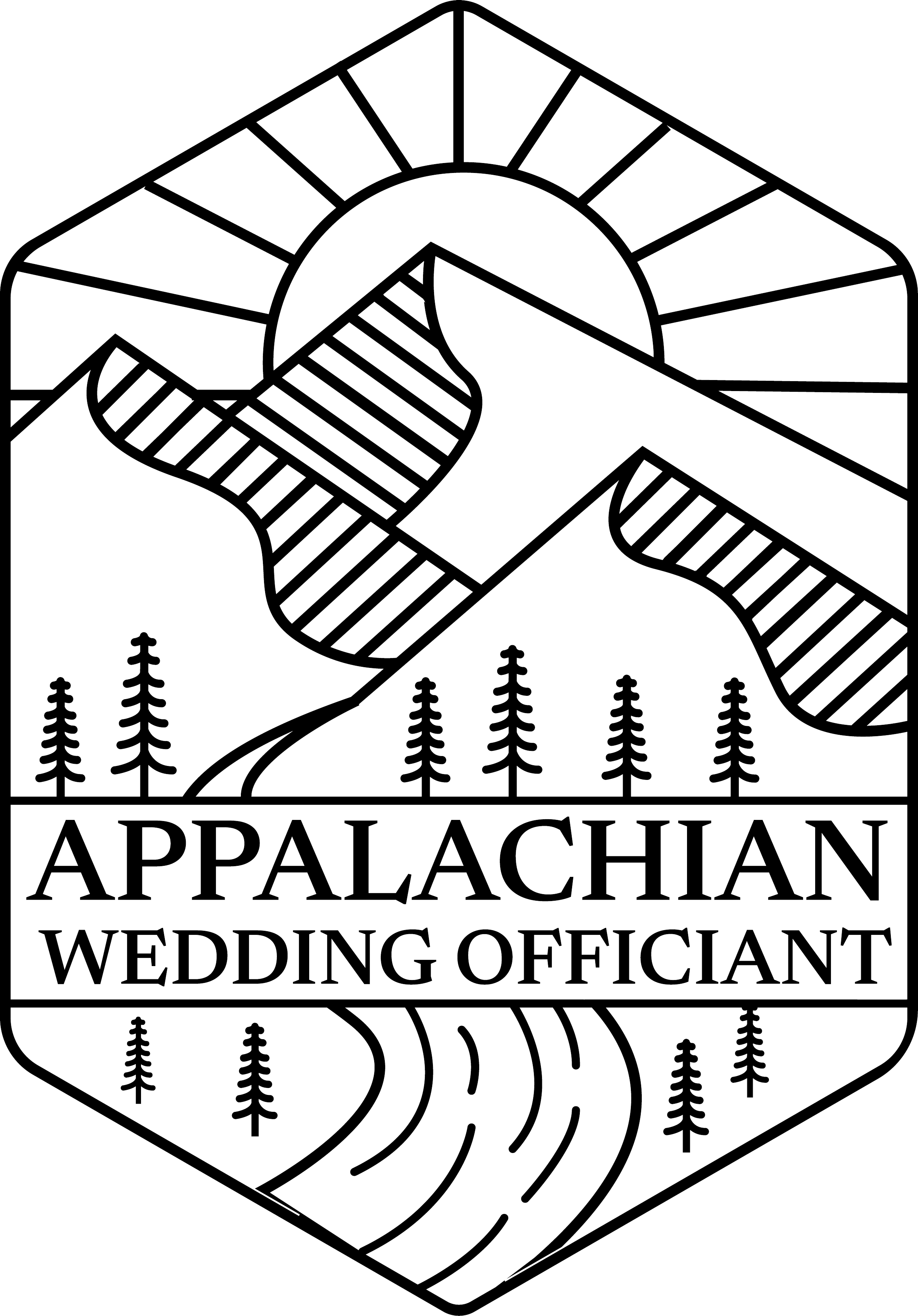 Outline of a logo with the words "Appalachian Wedding Officiant" and graphics of trees and a winding road.