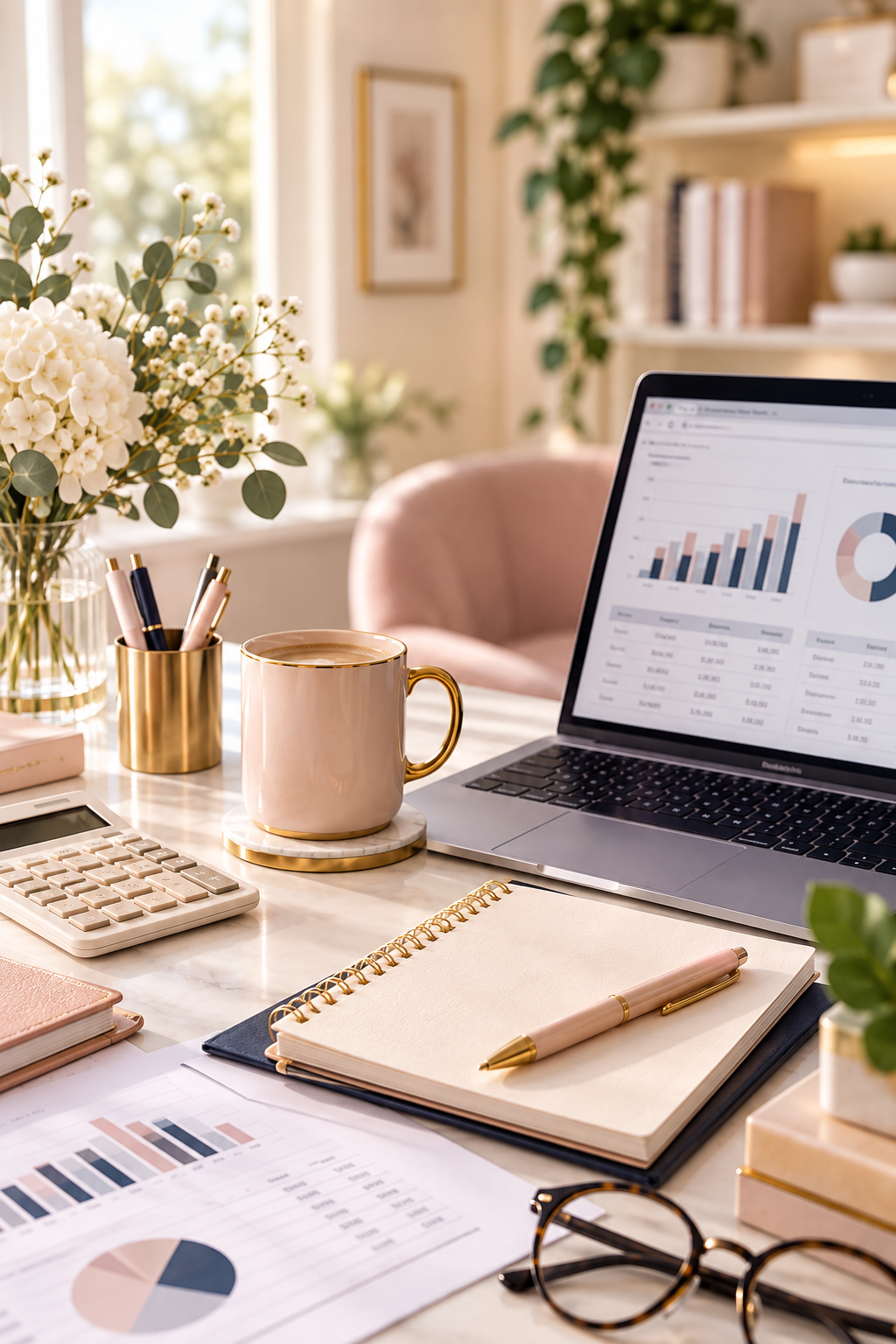 Laptop displaying financial charts on a professional finance workspace