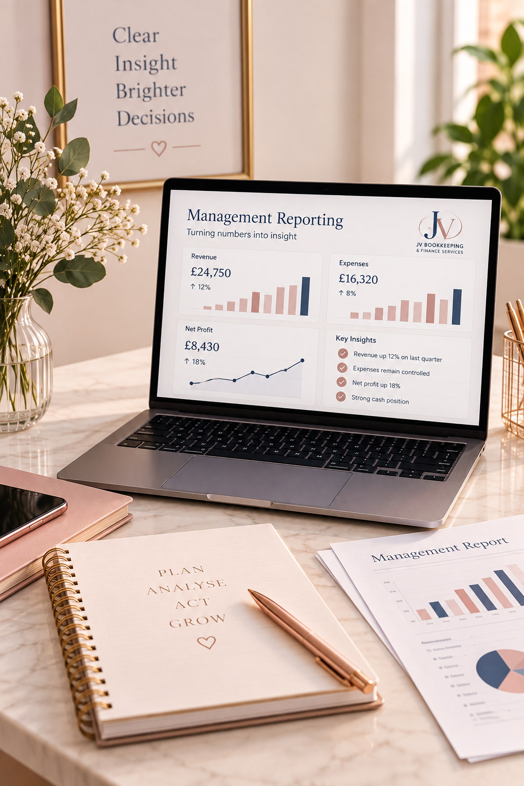 Laptop displaying a management report with financial charts and reports