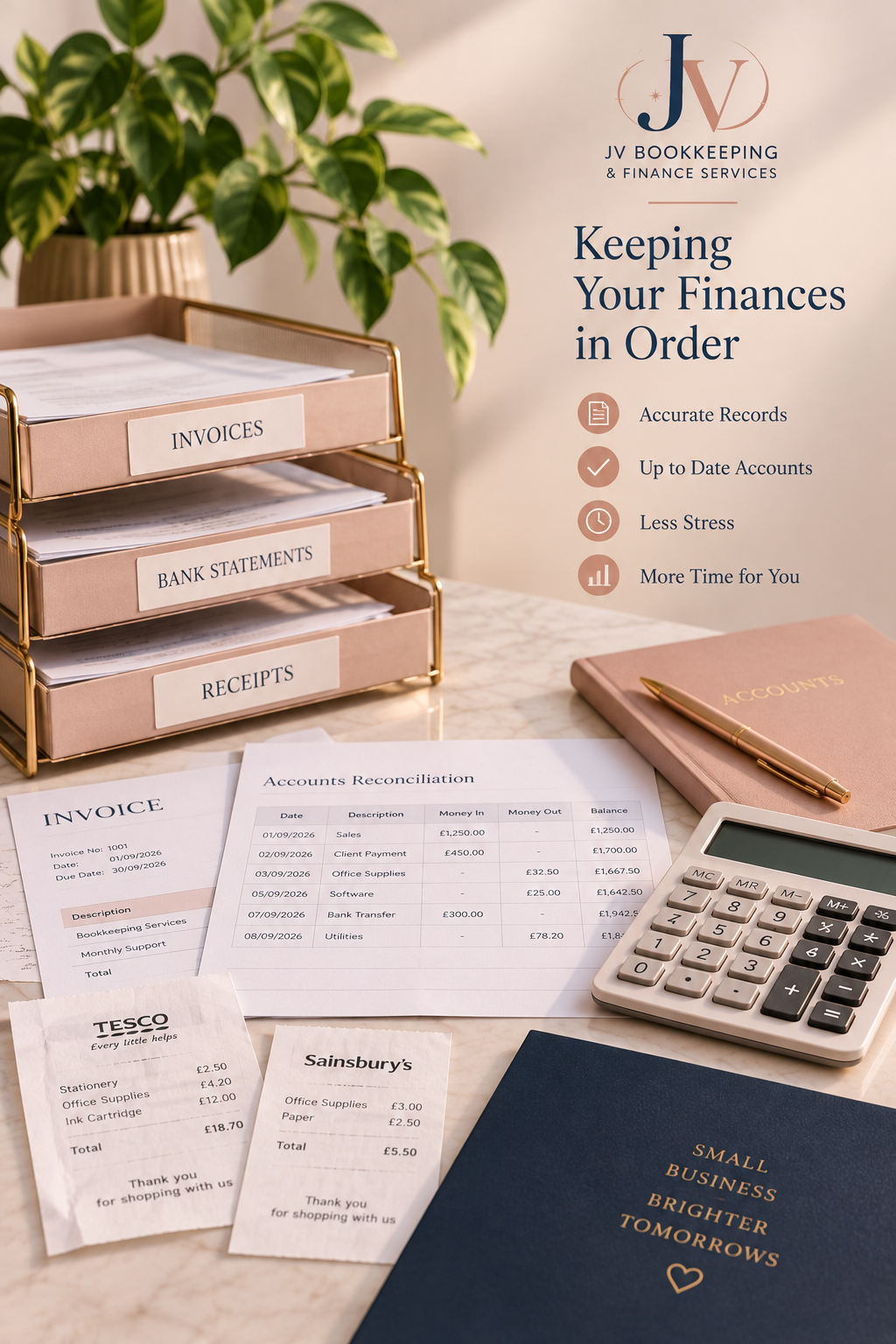 Organised bookkeeping workspace with invoices, receipts and financial documents