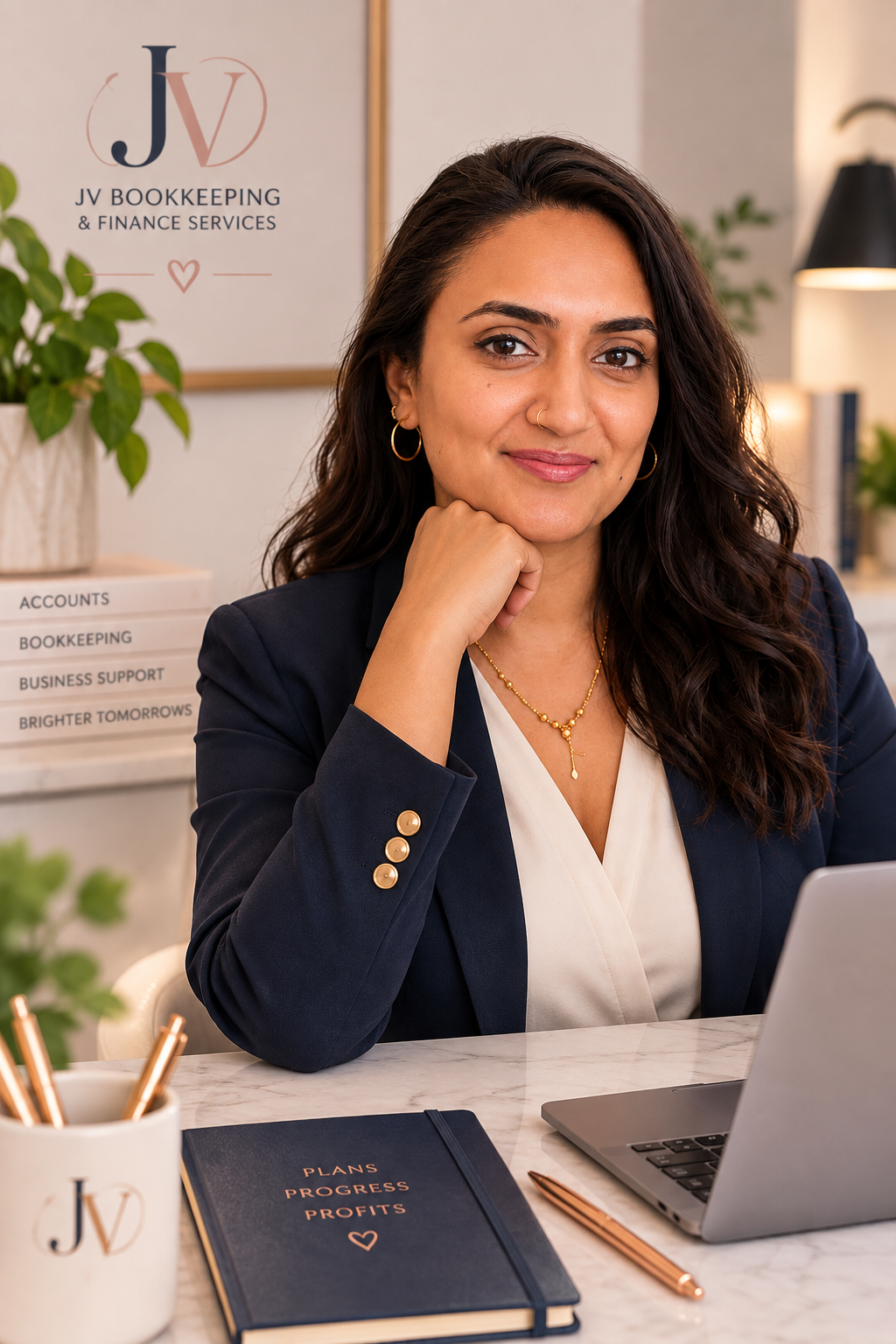 Professional woman working at a desk in a finance office
