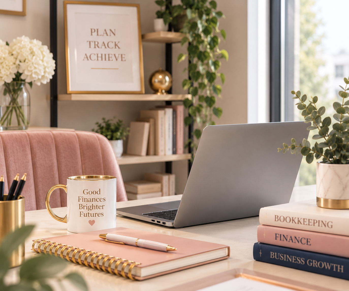Organised office workspace with bookkeeping and finance materials