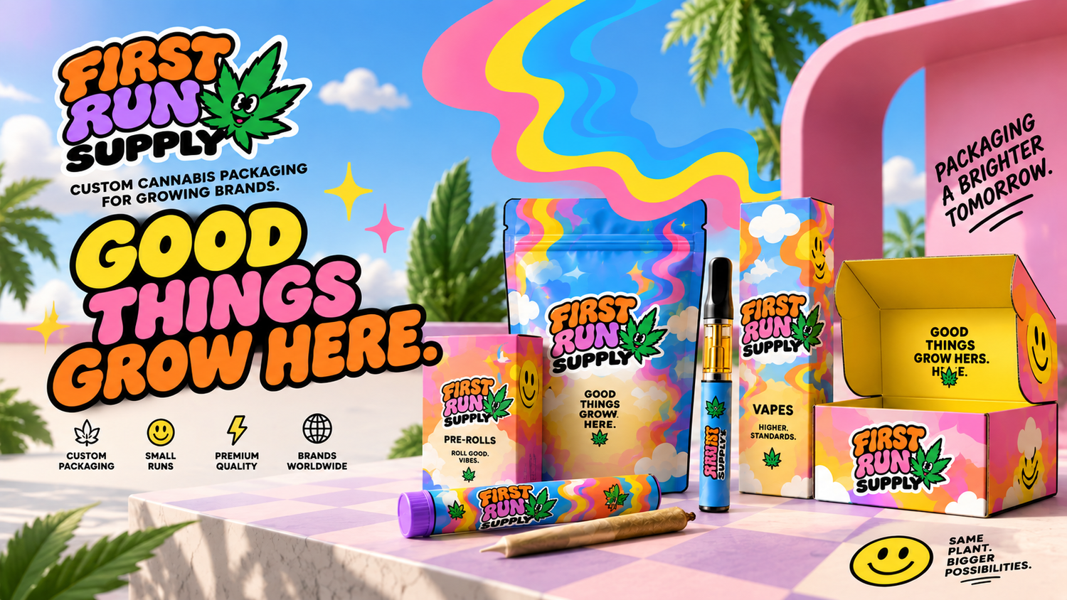 Custom cannabis packaging by First Run Supply: pre-roll tubes, vape cartridge boxes and printed mylar bags