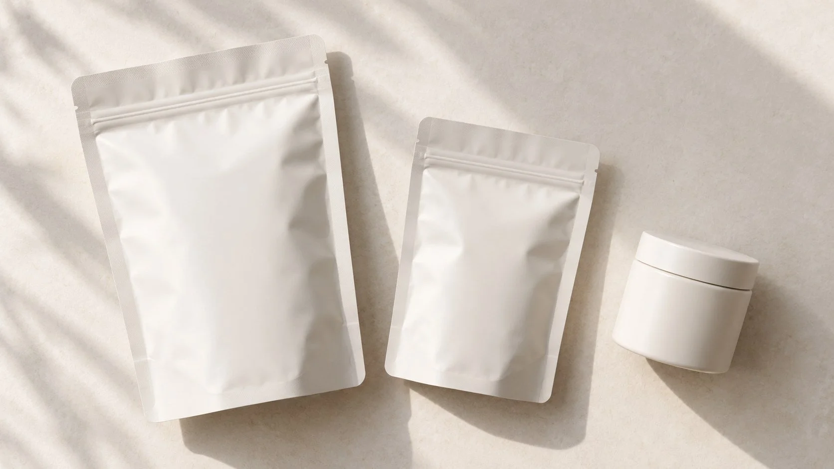 Plain matte stand-up pouches and an opaque jar arranged on a table