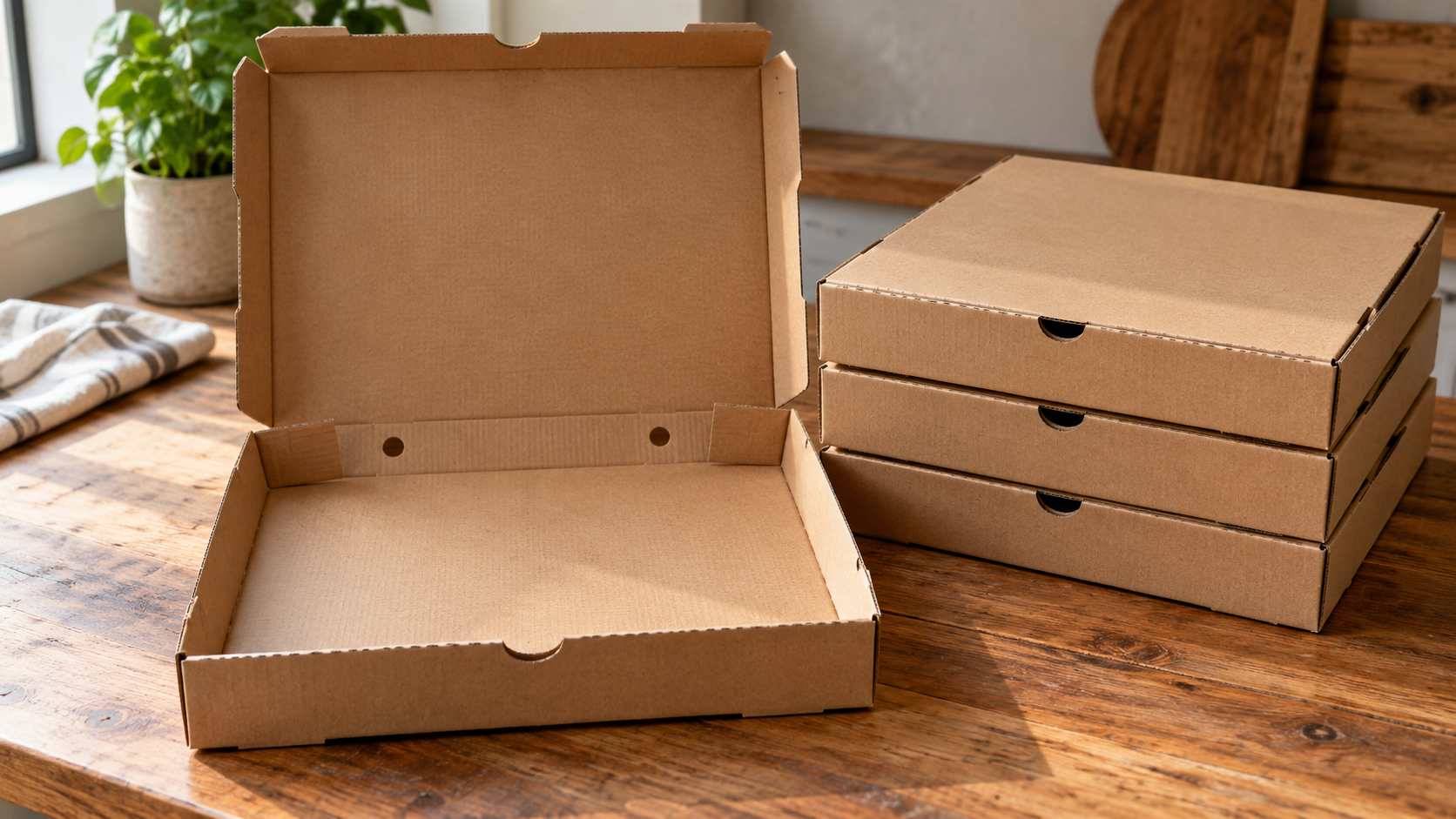 Plain kraft corrugated pizza boxes, one open showing vent holes, on a wooden counter