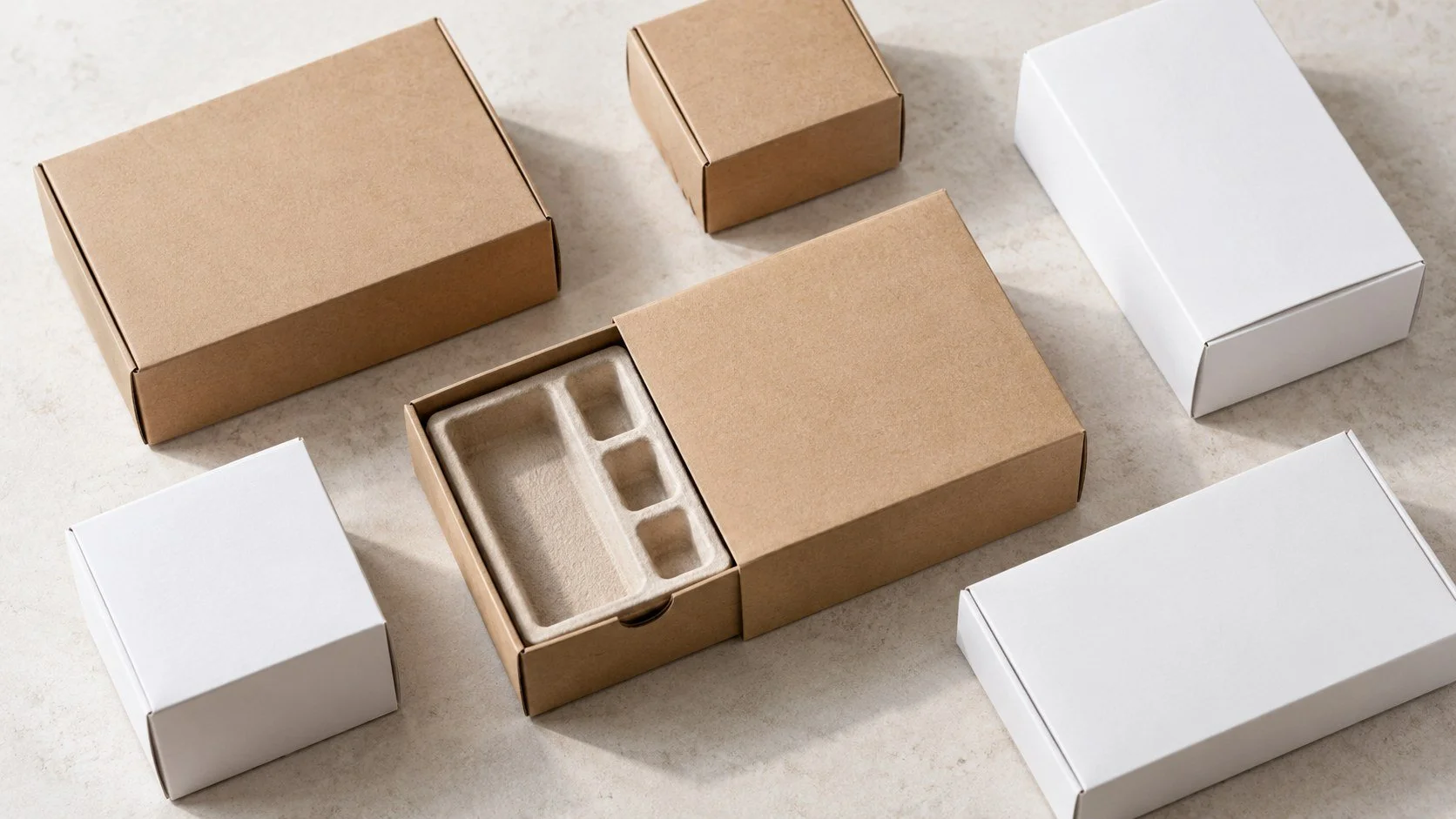 Plain white and kraft folding cartons beside an open drawer box with an empty pulp insert