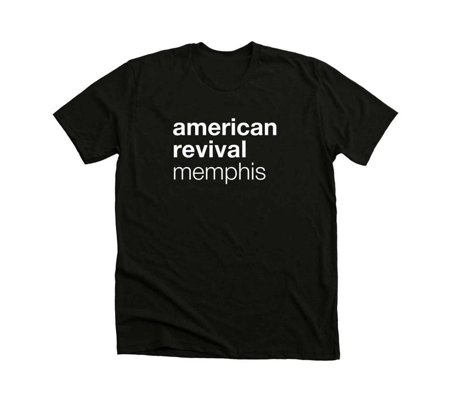 Black T-shirt with white text that reads "american revival memphis"