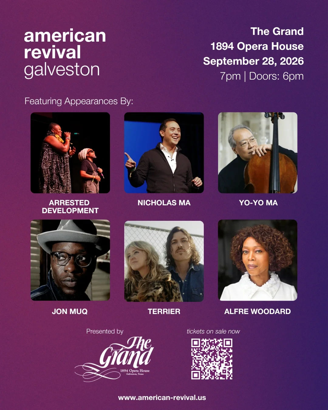 Promotional poster for American Revival Galveston event at The Grand, 1894 Opera House on September 28, 2026, featuring appearances by Arrested Development, Nicholas Ma, Yo-Yo Ma, Jon Muq, Terrier, and Alfre Woodard. The event starts at 7 pm, with doors opening at 6 pm, and includes a QR code for tickets.
