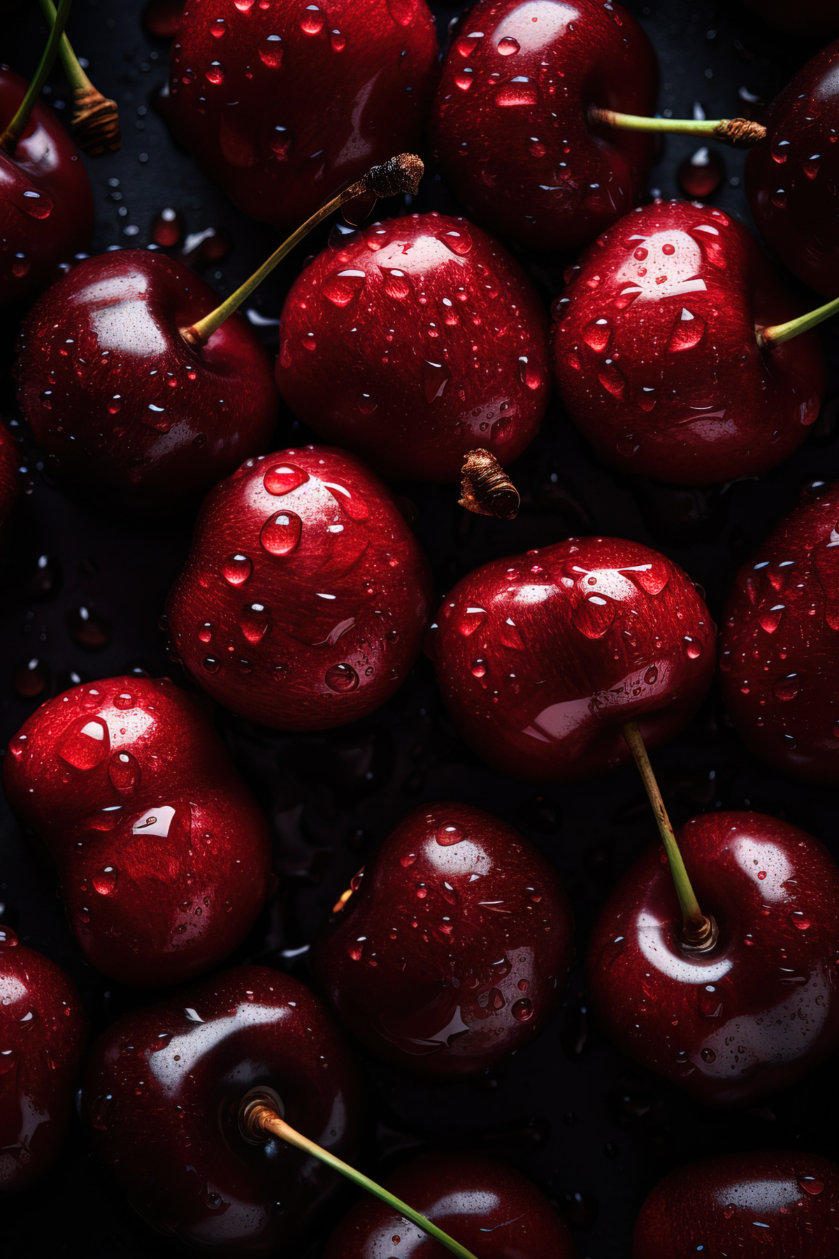 Close-up of multiple fresh red cherries with water droplets on their surface.