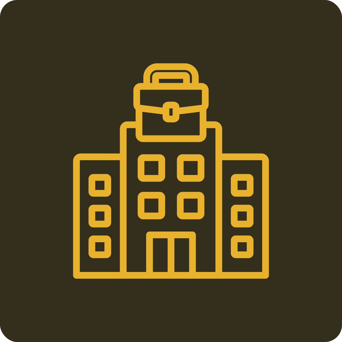Outline illustration of a tall building with a smaller structure on top, depicted in yellow on a dark background.