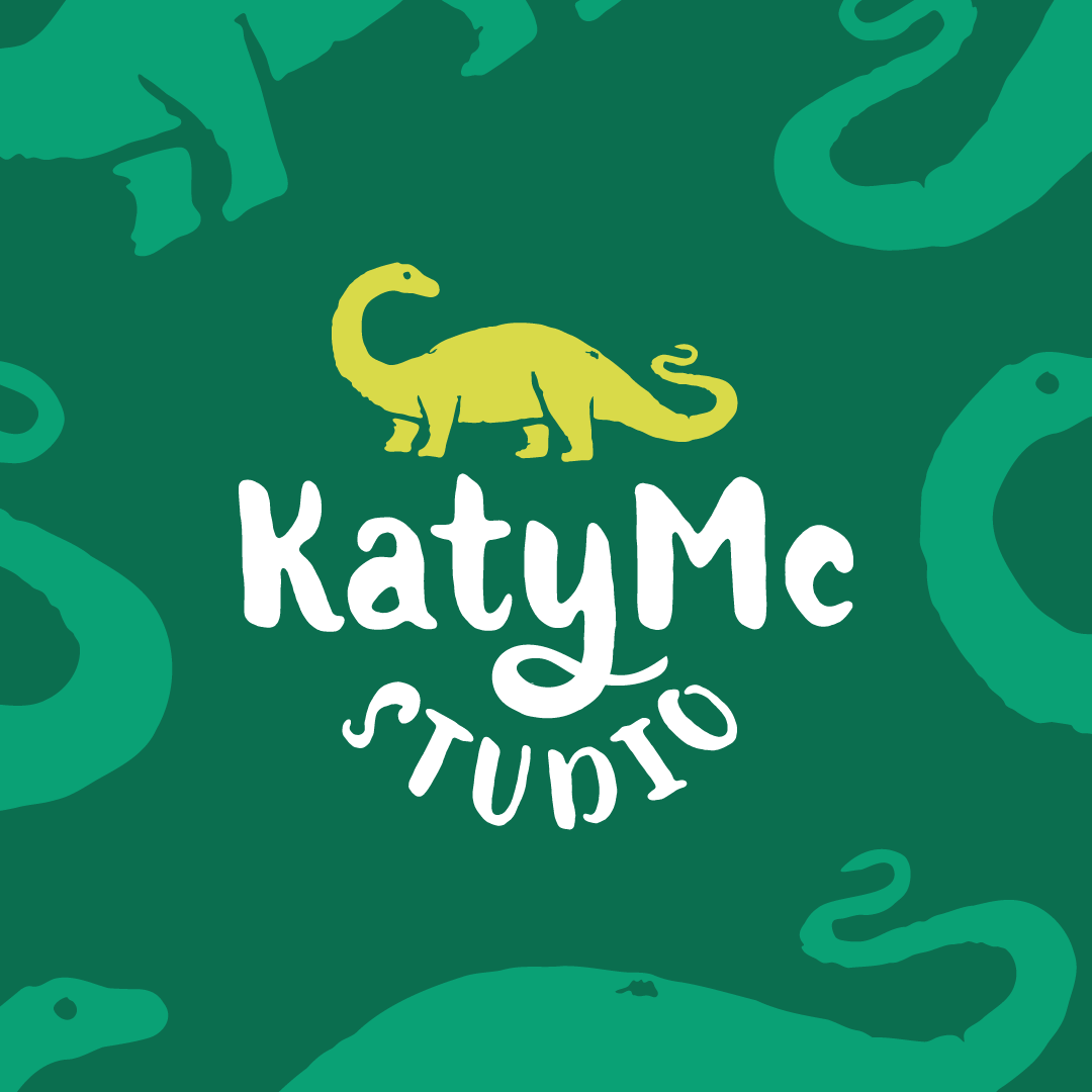 A green background with various snake illustrations and a yellow dinosaur drawing at the center. Text says 'KatynMe Studio' in white, playful lettering.