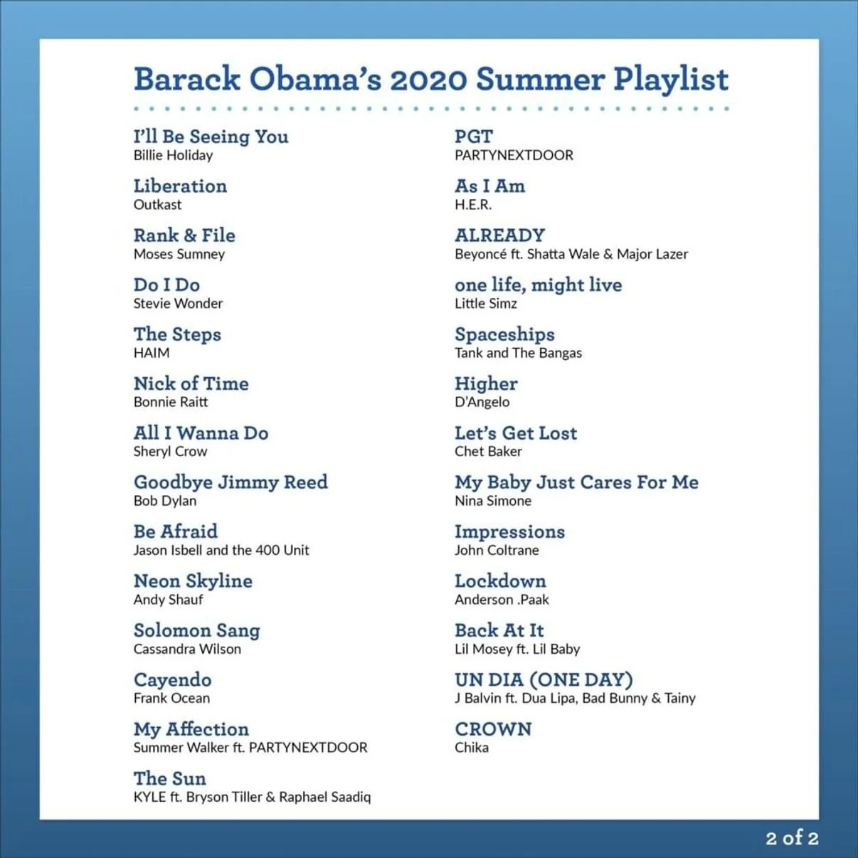 A list titled "Barack Obama's 2020 Summer Playlist" featuring multiple song titles and artists, formatted in two columns on a white background with a blue border.