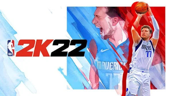 Artwork for NBA 2K22 video game featuring Luka Dončić in his Dallas Mavericks uniform, with a background showing a large portrait of his face and the NBA logo.