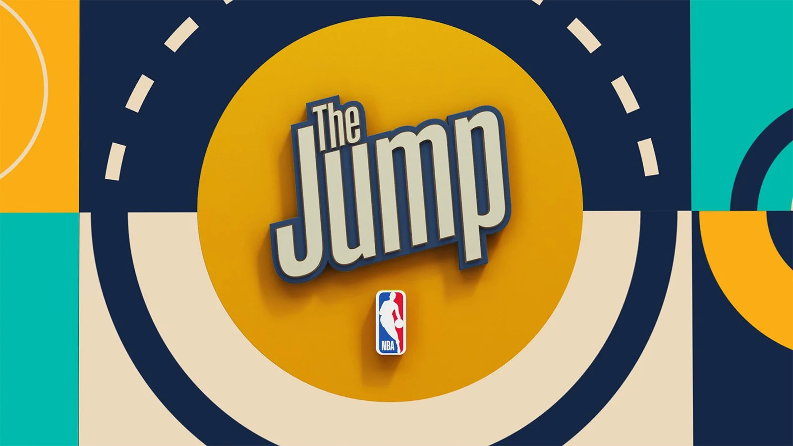 Colorful graphic with a yellow circle in the center, featuring the text 'The Jump' in large, bold 3D letters. Below the text is the NBA logo. The background contains geometric shapes and patterns in blue, teal, white, and yellow.