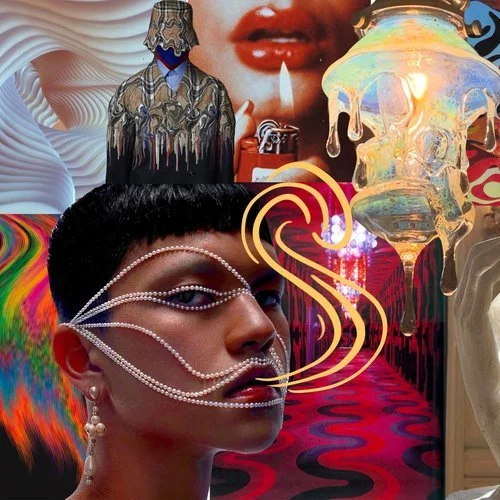 Collage of colorful and surreal art featuring a woman with pearl chains around her face, a jade green angel sculpture, a patterned dress on a mannequin, and a large face with lips in the background.