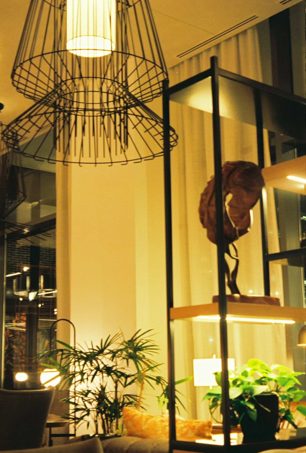 Interior of a modern living space with warm lighting, decorative plants, a hanging lampshade, and a display shelf with a sculpture of an animal head.