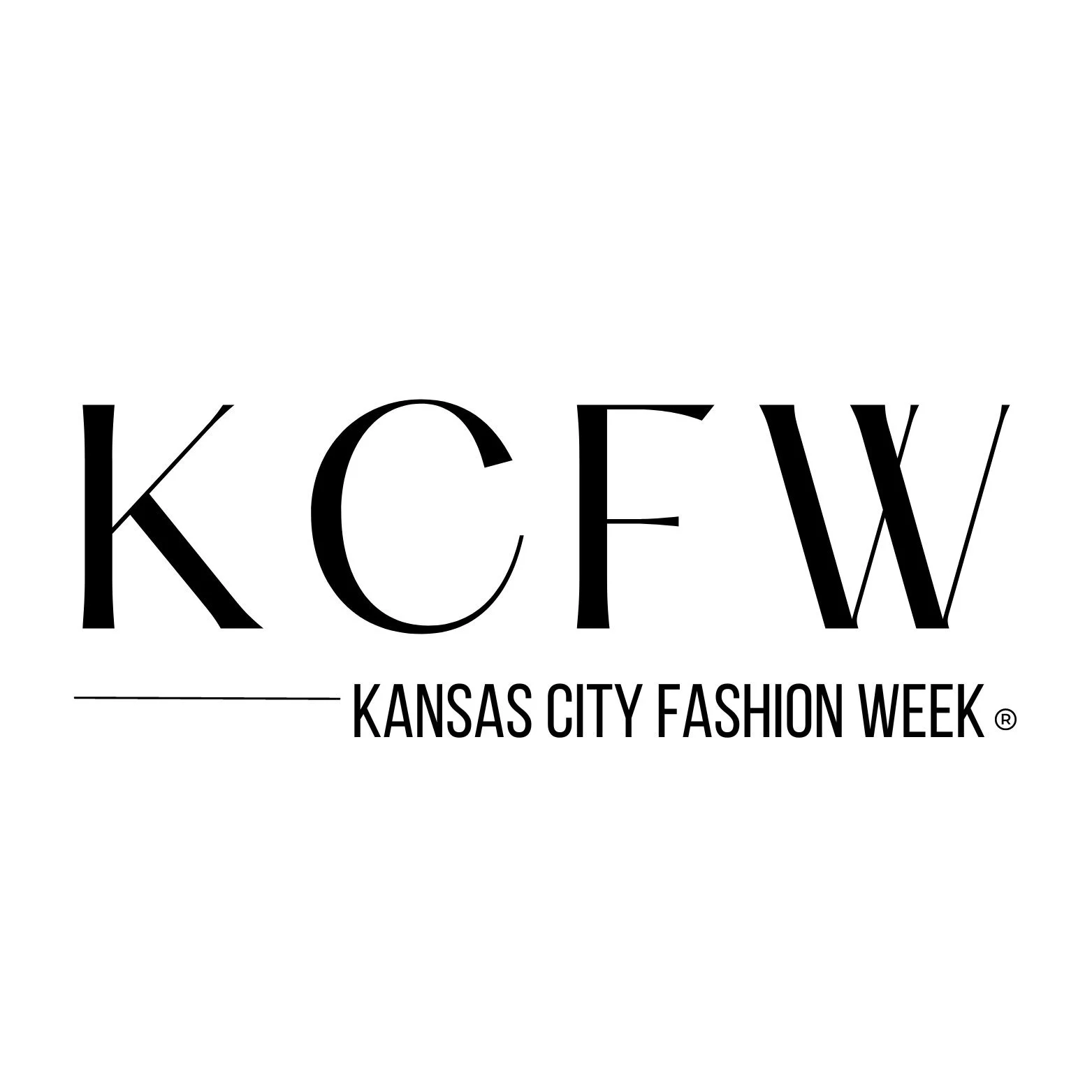 Logo for Kansas City Fashion Week (KCFW) with bold letters and the event name beneath, featuring black text on a white background.