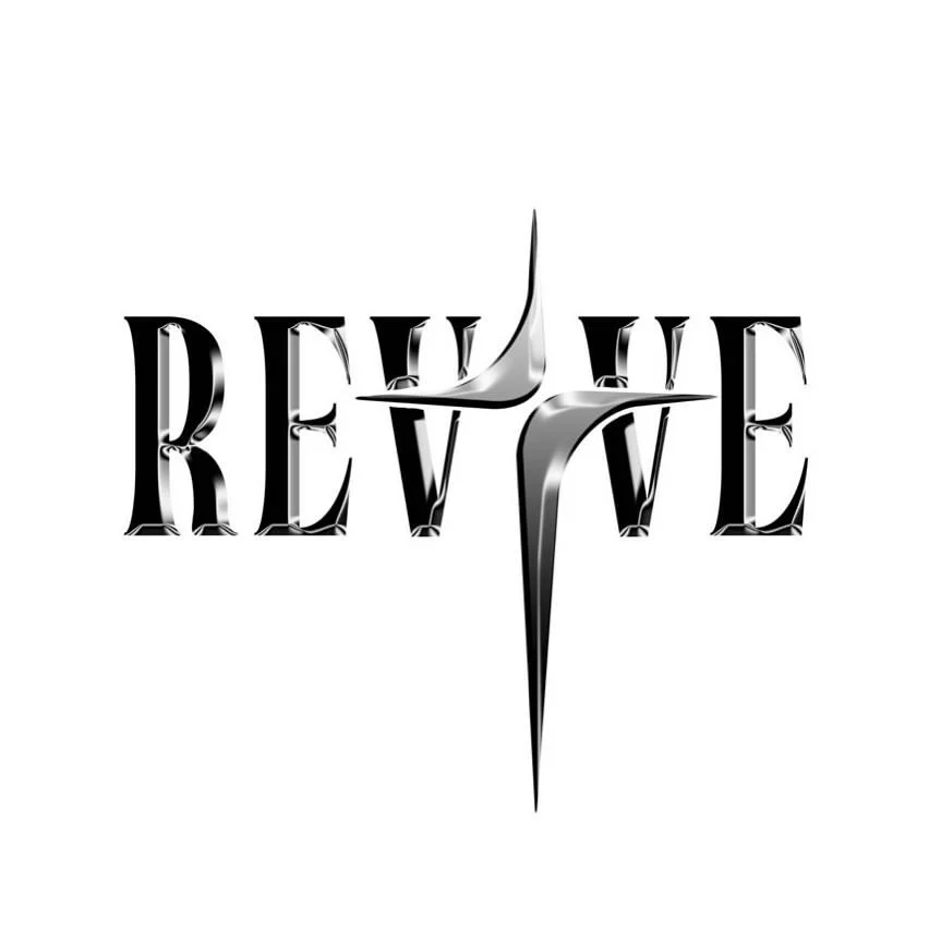 Stylized black and white logo with the word 'REVIVE' and a pointed, metallic emblem in the center.