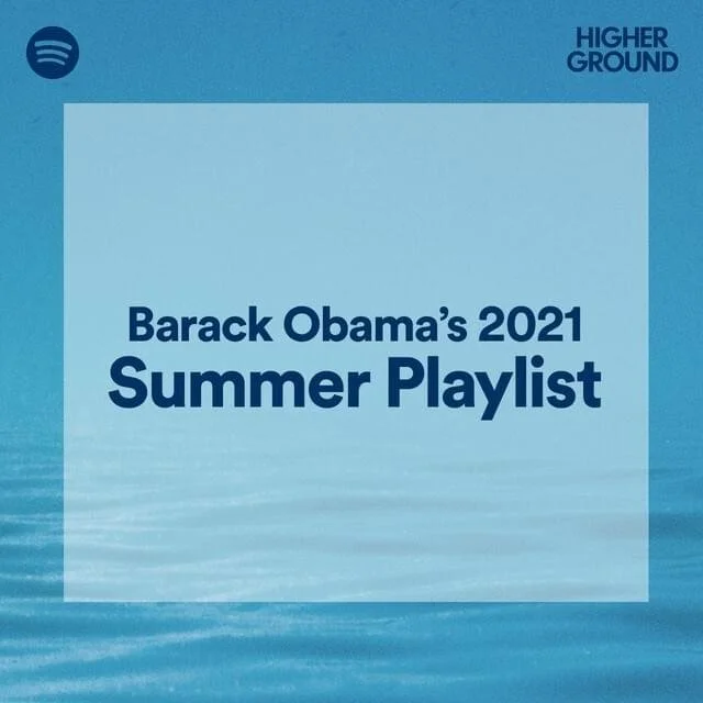 Spotify playlist cover titled 'Barack Obama's 2021 Summer Playlist' with a blue background and water imagery.