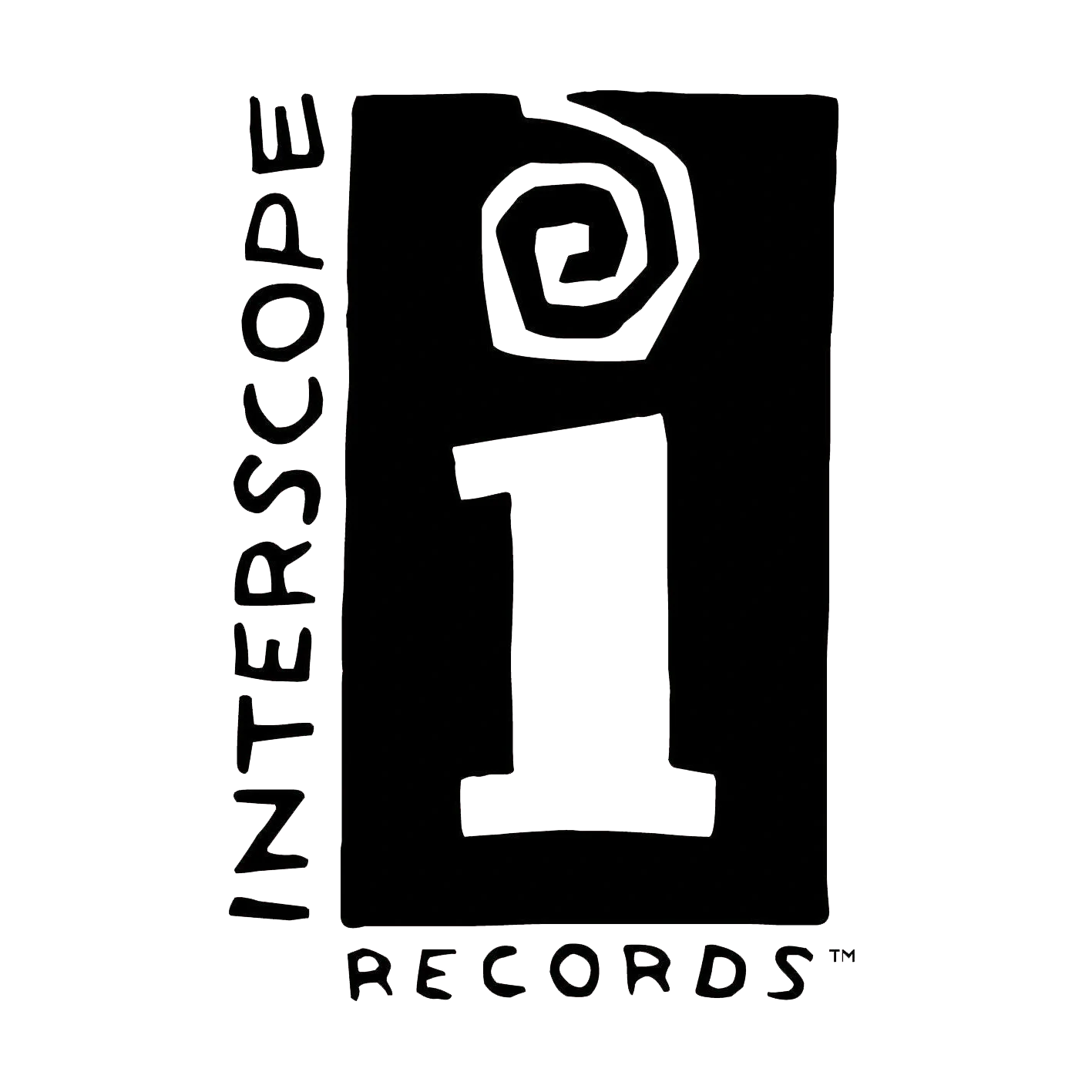 Black and pink logo of Interscope Records featuring a large letter 'I' with a spiral design on top and the words 'Interscope RECORDS' beside and below the logo.