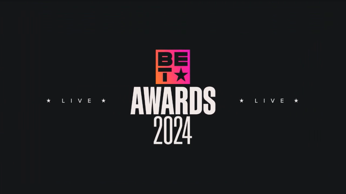 Black background with colorful logo for BET Awards 2024 in the center, flanked by the word LIVE on both sides, and the text AWARDS 2024 below the logo.