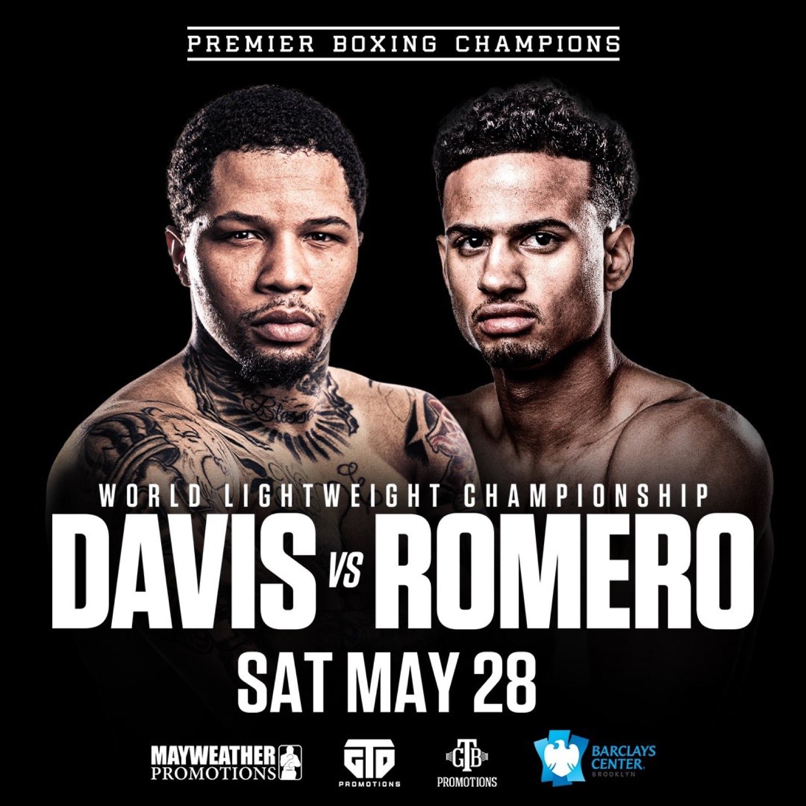 Poster for a boxing match featuring David vs. Romero on Saturday, May 28, with images of two shirtless male boxers, one with tattoos and a serious expression, and the other with a focused look, with event logos at the bottom.