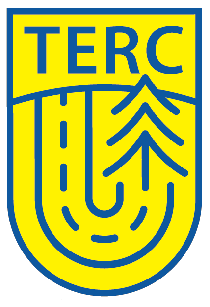 A logo with a yellow background and blue outlines, featuring the text 'TERC' at the top, a stylized road, a tree, and mountain lines.