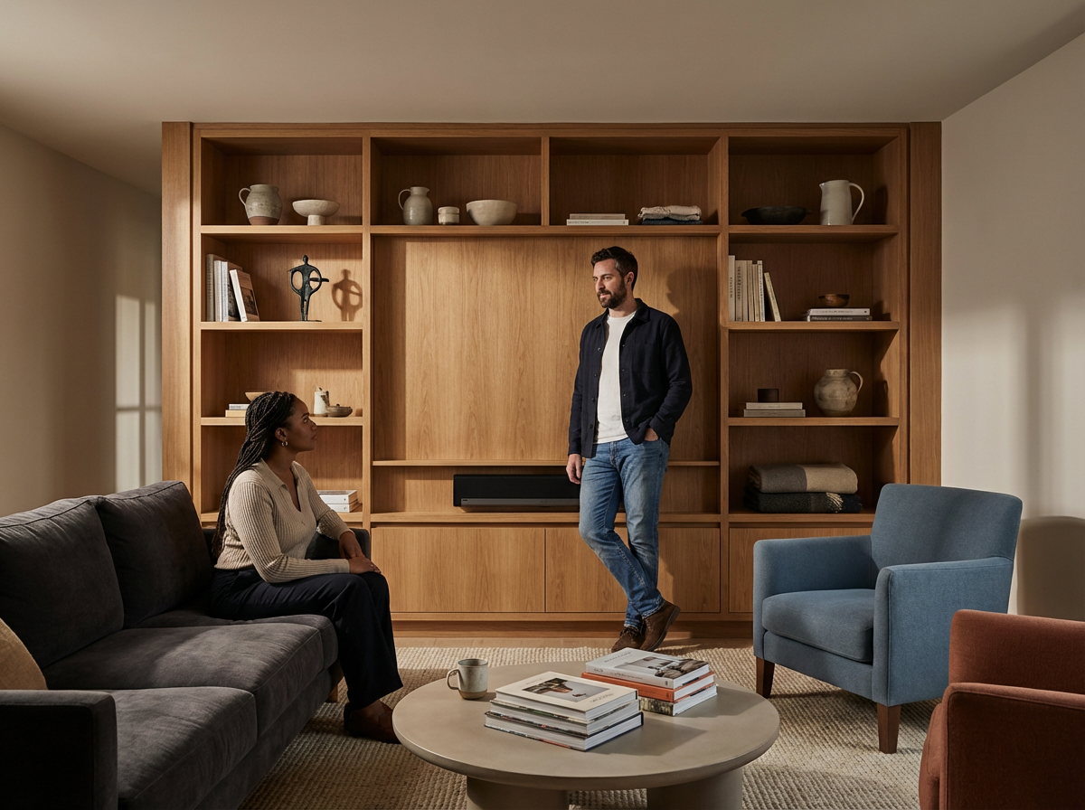 Two people having a conversation in a living room with a large wooden bookshelf, couch, armchair, coffee table with books, and a mug.