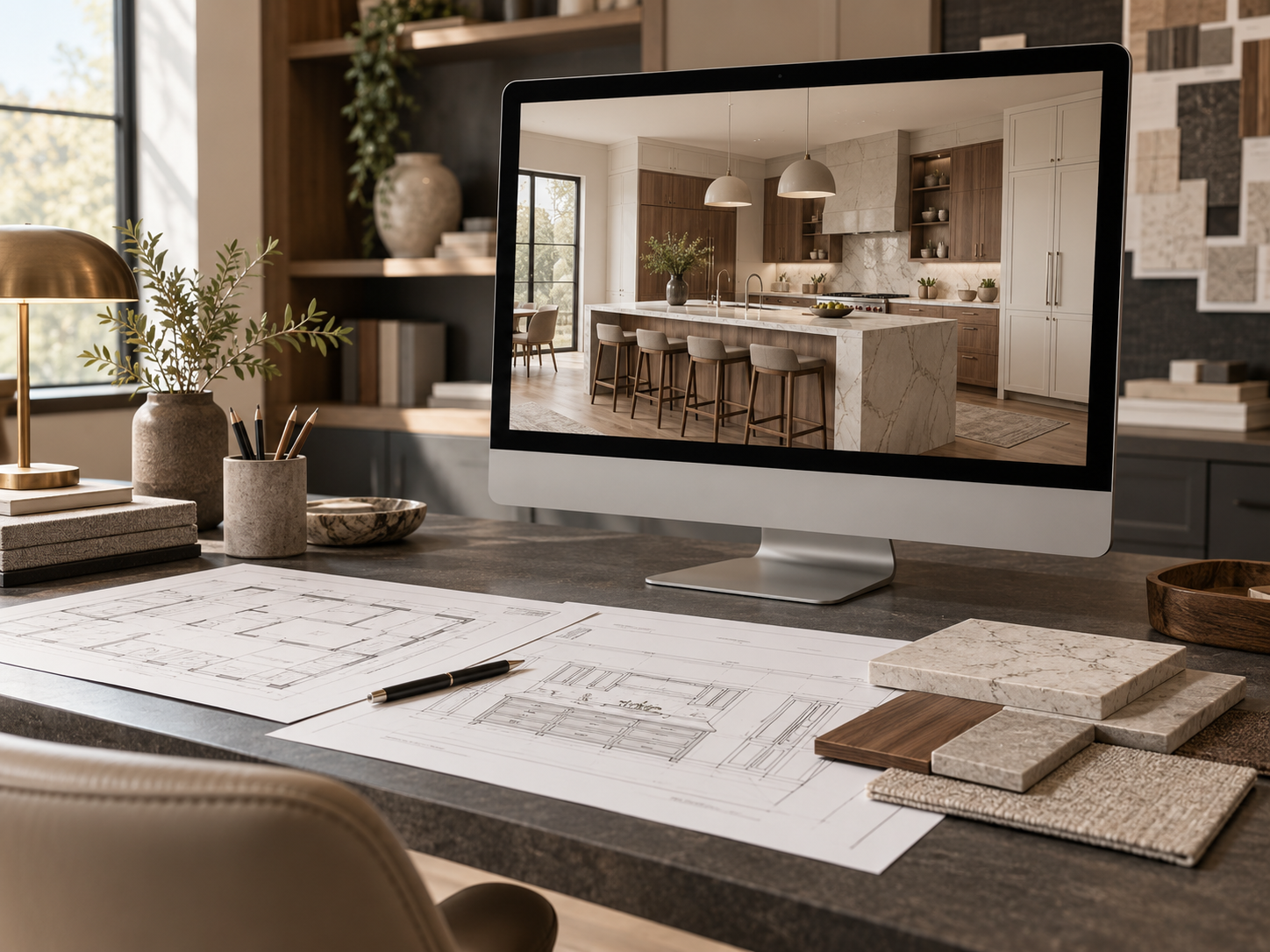 Desk with computer showing a modern kitchen design, blueprints, fabric and wood samples, and various workspace items.