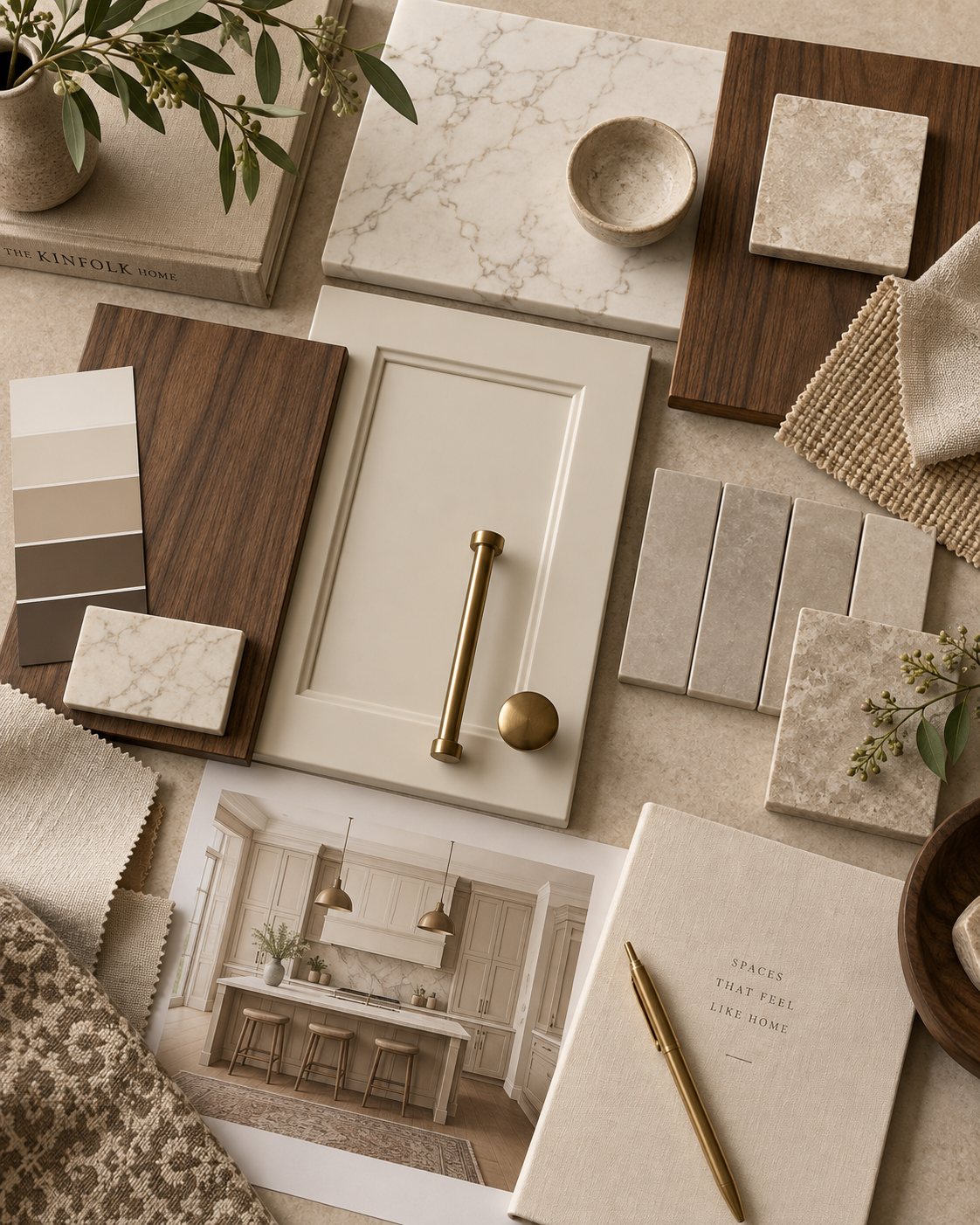 Interior design sample board with wood, marble, and neutral color swatches, a photo of a kitchen, and decor items.