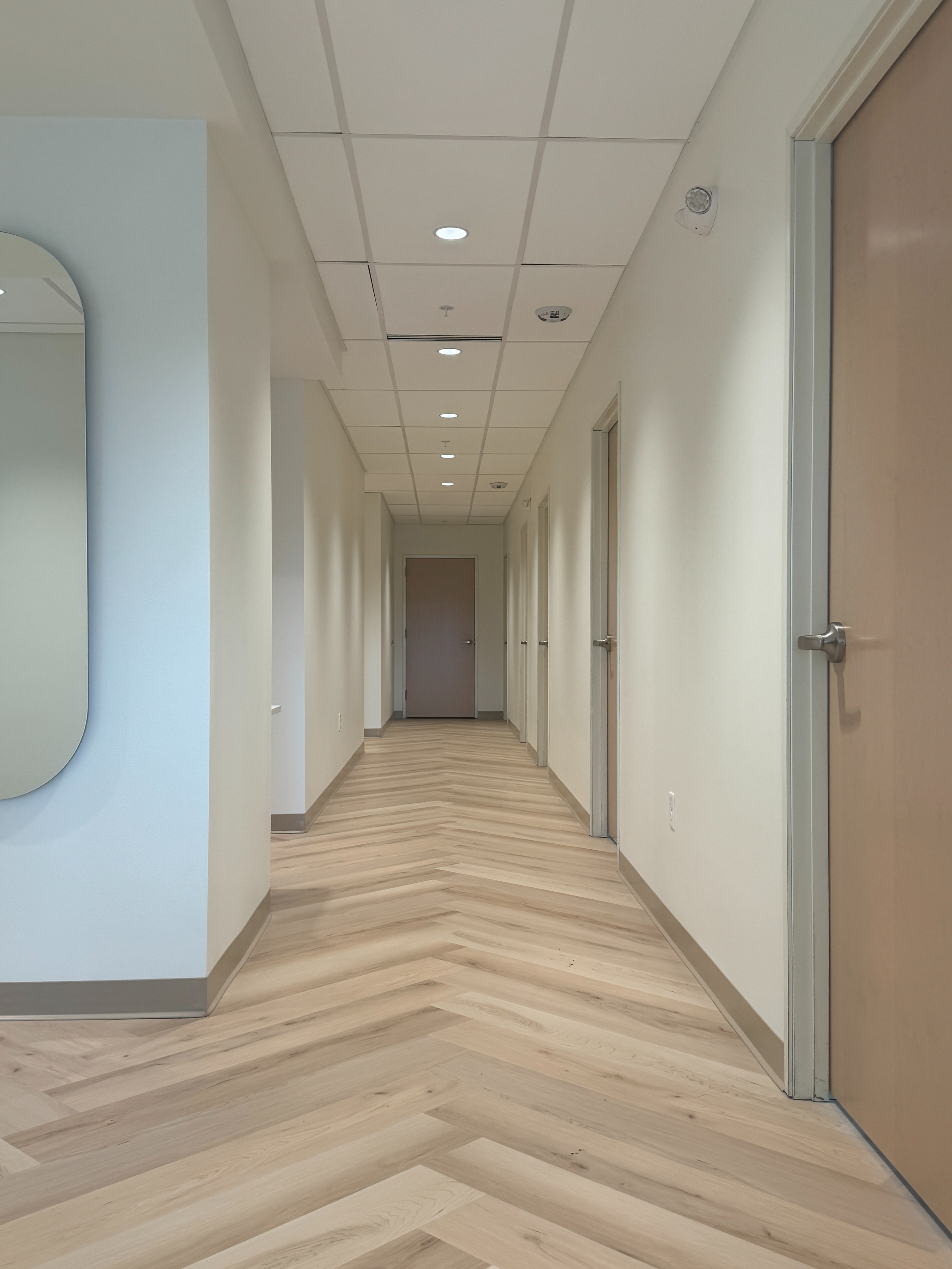 Bright, quiet office hallway with herringbone wood flooring, closed doors, and white walls.