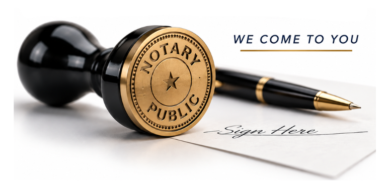 notary public stamp, a black and gold pen, and a handwritten signature on a white sheet of paper 'We come to you'