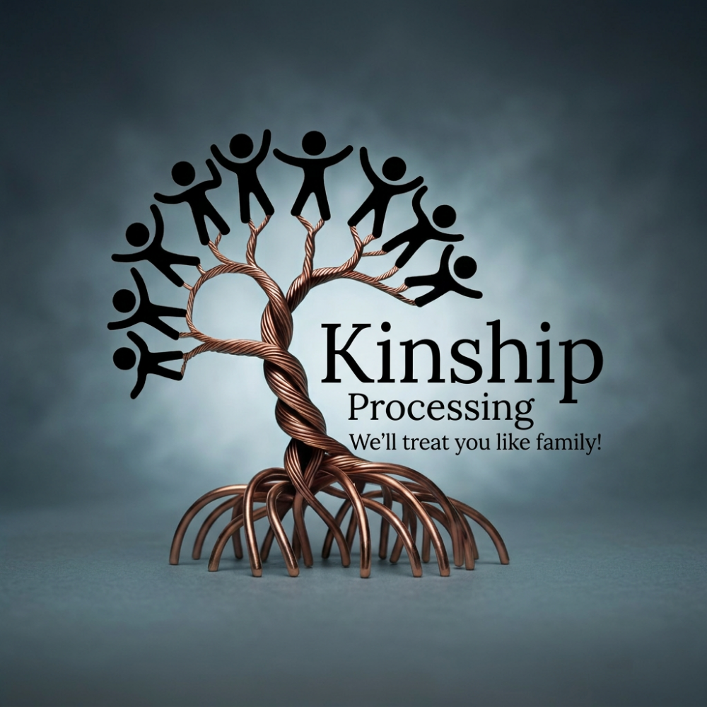 A graphic illustration of a family tree made of metallic wires with stylized human figures holding hands on its branches, accompanied by the text 'Kinship Processing' and the tagline 'We'll treat you like family!'