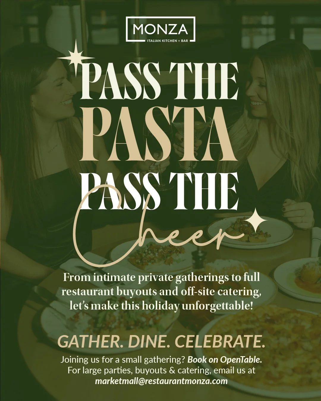 It&rsquo;s never too early to book your holiday + social gatherings at Monza! ⁠
⁠
We have something for everyone:⁠
👥 Small gatherings⁠
🍽️ Restaurant buyouts ⁠
🍝 Catering⁠
⁠
The perfect fit for your team, friends, or family celebration! Contact us 