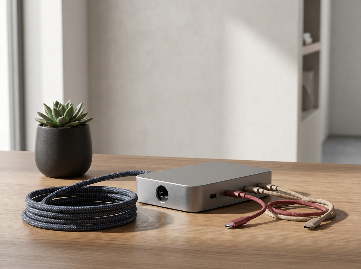 A grey electronic device with multiple cables connected to it, placed on a wooden surface next to a potted succulent plant in a black pot.