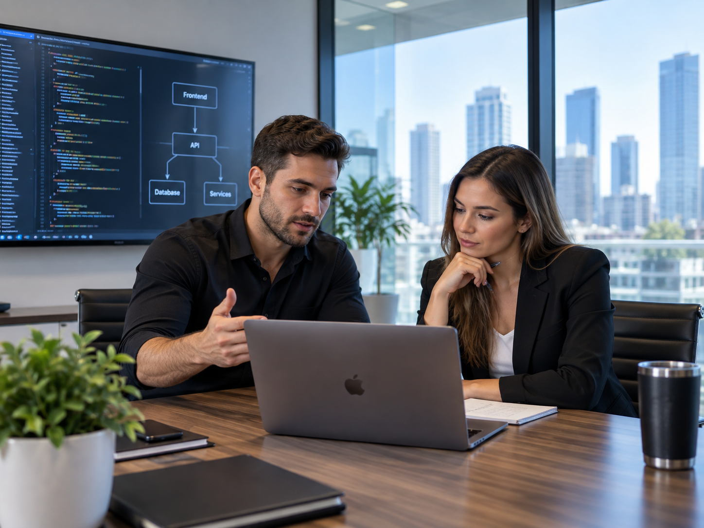 Two professionals, a man and a woman, working together at a conference table in a modern office with a city skyline outside. They are looking at a laptop, and a large screen behind them displays a flowchart related to software development.