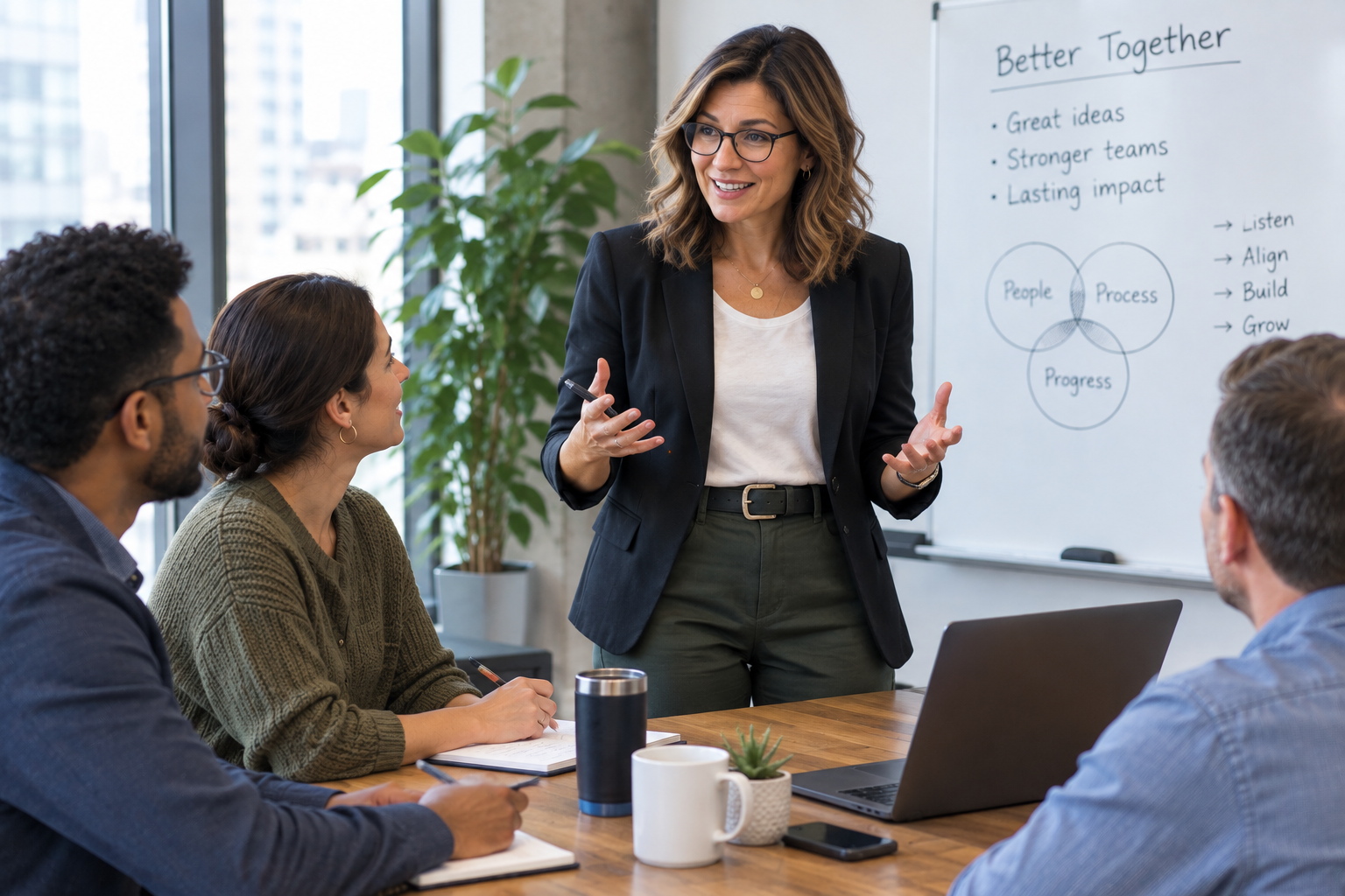 A woman in a black blazer and glasses giving a presentation to a group of three people in a meeting room with a whiteboard that reads "Better Together" and has bullet points and a Venn diagram.